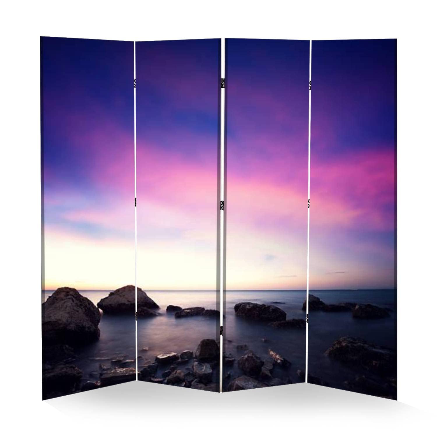 4 Panel Room Divider - Moonlit Coastline Design, Portable Folding Privacy Screen for Home & Office - Freestanding Wall Separator for Bedroom, Living Room, and Event Spaces