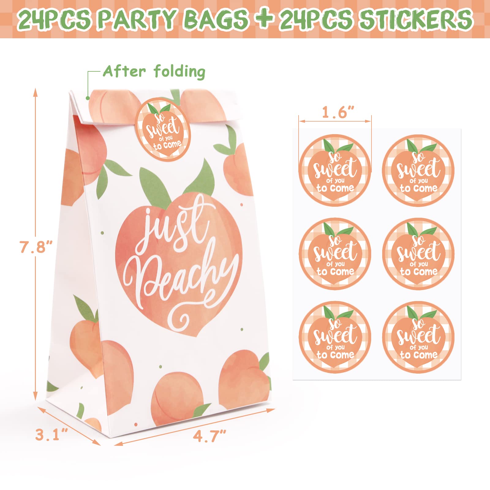 Sweet as Peaches Party Favor Bags - 24 Pack Peach-Themed Goodie Bags with Thank You Stickers for Birthday, Baby Shower & Wedding Decorations | Perfect for Summer Parties, Kids Events & Fruit-Themed Celebrations