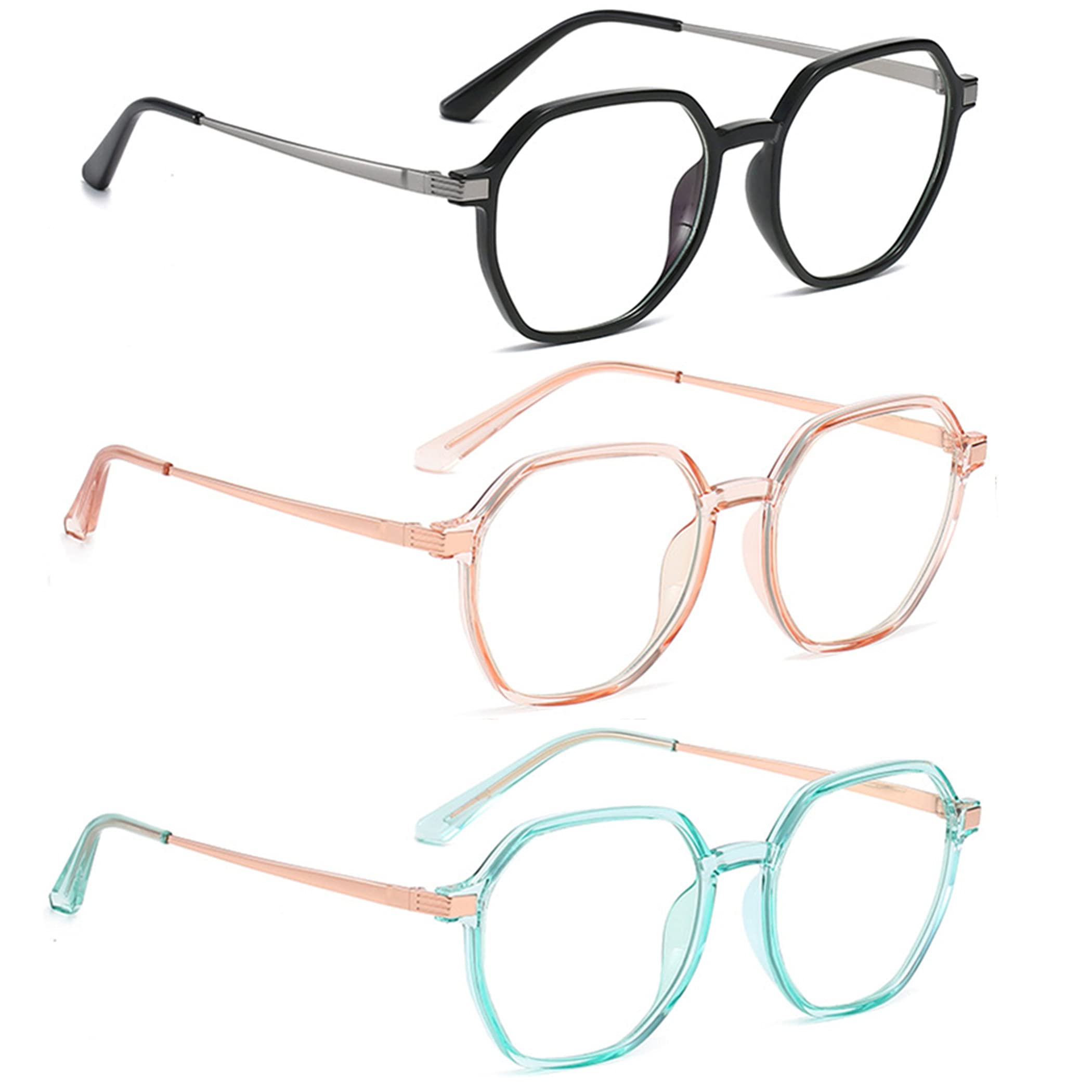 Bullabulling 3 Pack Retro Polygon Reading Glasses for Women - Blue Light Blocking Oversized Eyeglass Frames with Large Lenses - Perfect for Reading, Computer Work & Nighttime Screen Use