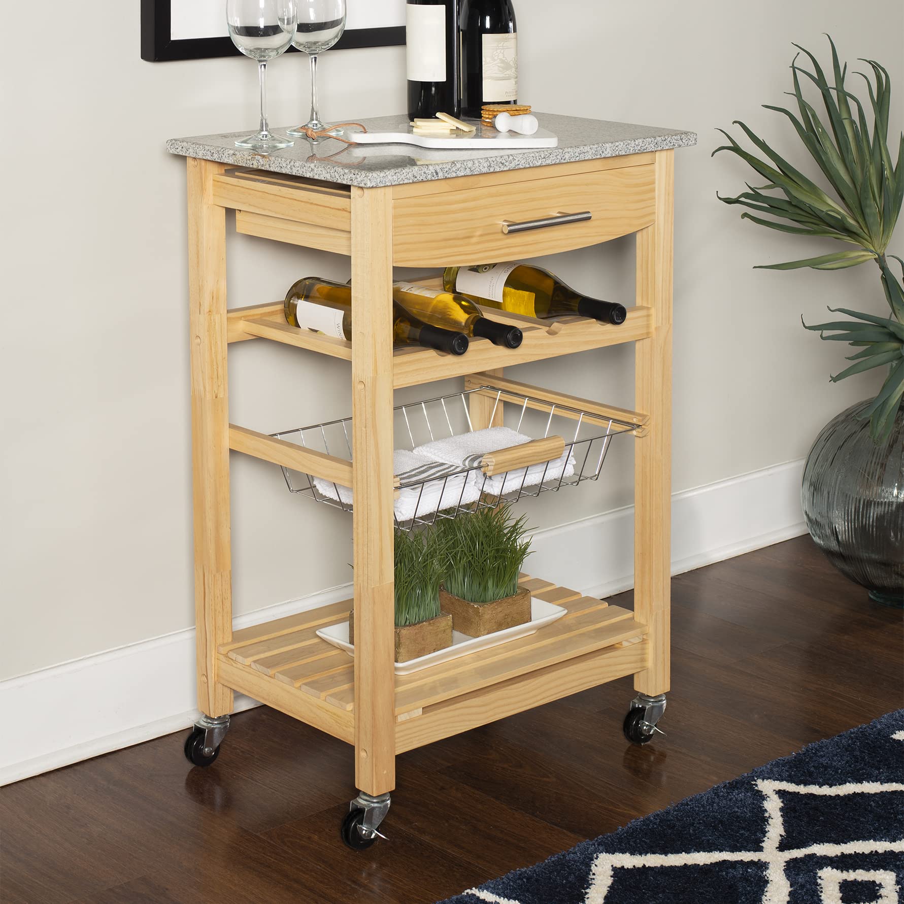 Linon Mila Natural Granite Kitchen Island with Storage Basket & Wheels - Mobile Kitchen Cart for Small Spaces, Food Prep & Extra Counter Space