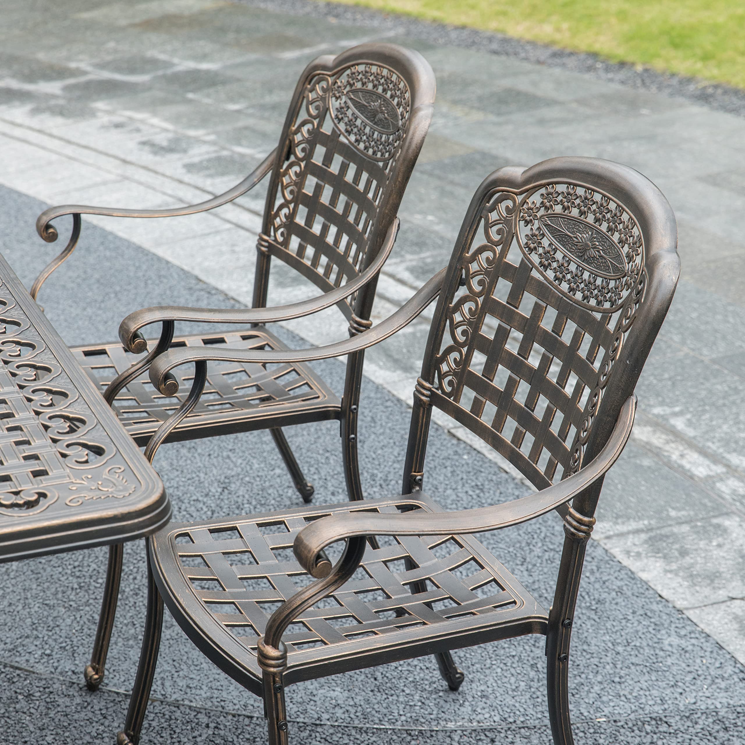 Gardenised Indoor & Outdoor Patio Bistro Chairs with Armrests - Bronze Dining Set (2 Chairs + 1 Table) - Durable Cast Aluminum Furniture for Backyard, Garden, Cafe & Restaurant Use
