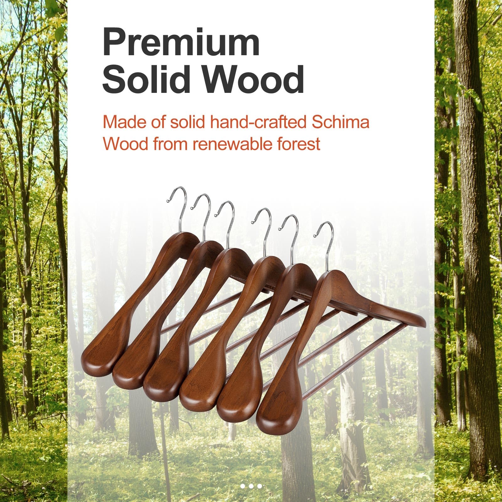 Premium Solid Wood Wide Shoulder Hangers - Non-Slip Pants Bar & 360° Swivel Hook - Heavy Duty Suit & Coat Hangers (6 Pack, Walnut) - Perfect for Closet Organization & Luxury Garment Storage