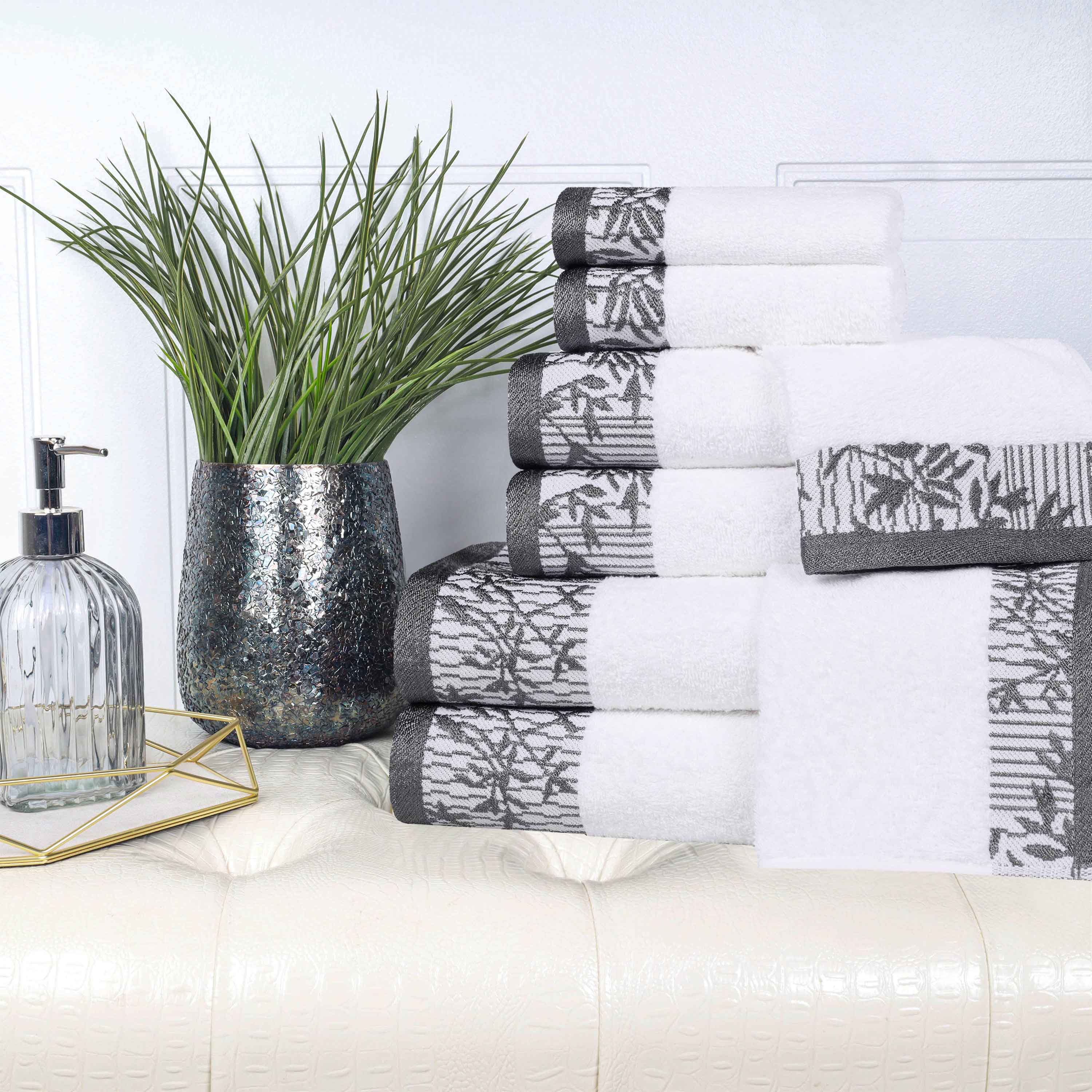 Premium Wisteria Cotton Floral Embroidered Jacquard Border 8-Piece Bath Towel Set - Soft & Absorbent for Spa, Bathroom & Guest Use