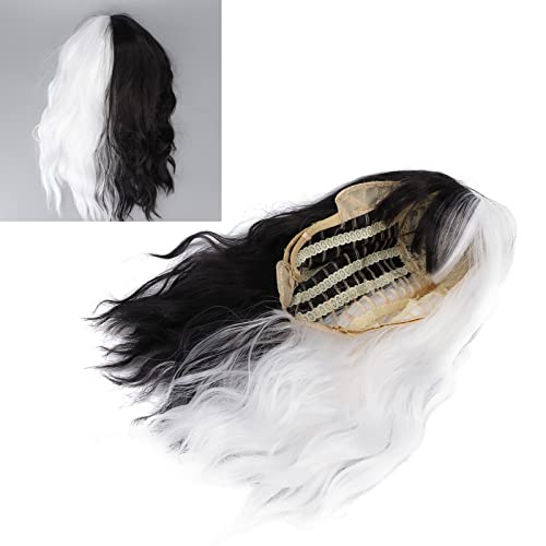 Cruella De Vil Black & White Wavy Cosplay Wig with Bangs - Heat Resistant Synthetic Hair for Women's Halloween Costume, Evil Madame Party, Disney Villain Dress Up