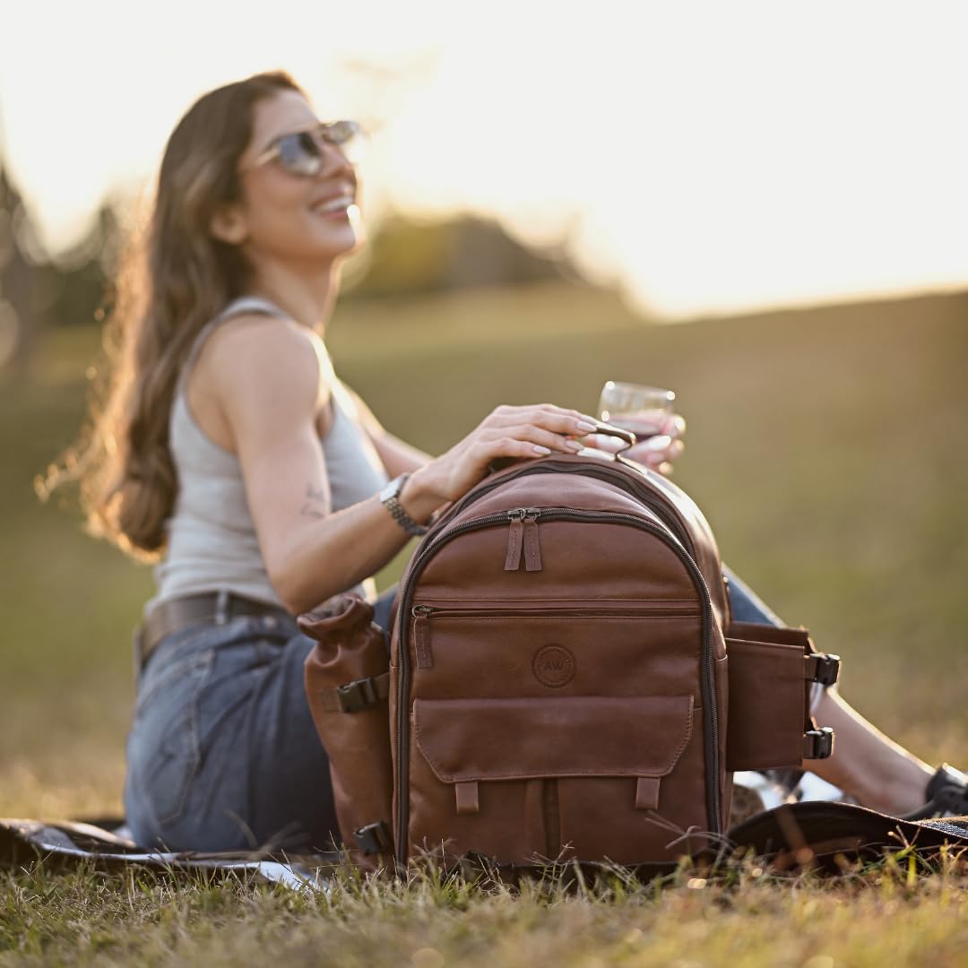 Premium Genuine Leather Picnic Backpack for 4 People - Insulated Cooler Compartment, Soft Blanket, 4 Dinner Plates & Cutlery Set - Luxury Outdoor Picnic Accessories for Couples, Family & Friends (Brown) - Perfect for Beach, Park, Camping & Romantic Dates