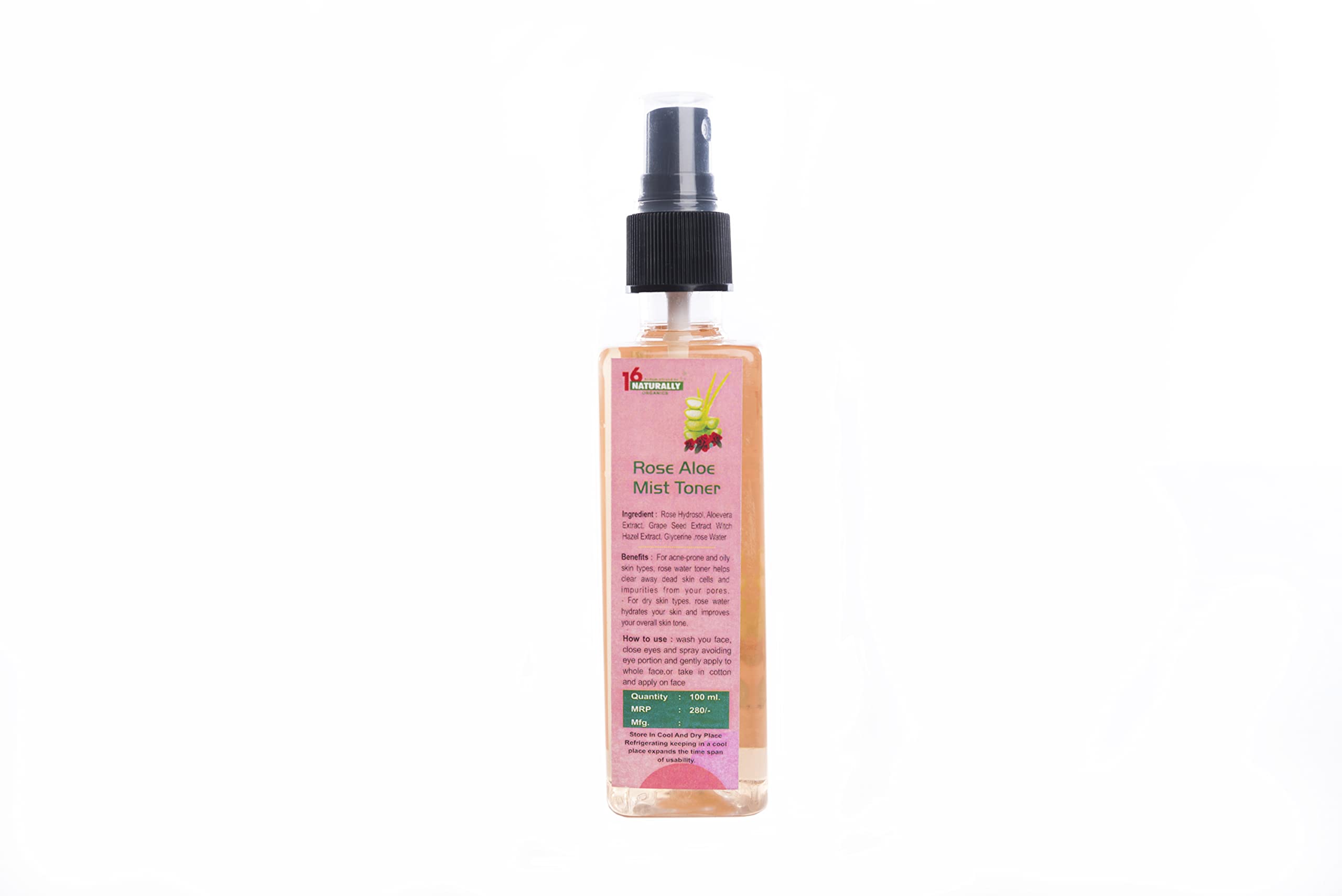 16 NATURALLY Organics Rose & Aloe Facial Mist Toner - 100ml Hydrating Spray for Dry Skin, Makeup Setting & Refreshment - Perfect for Travel, Gym & Daily Skincare Routine