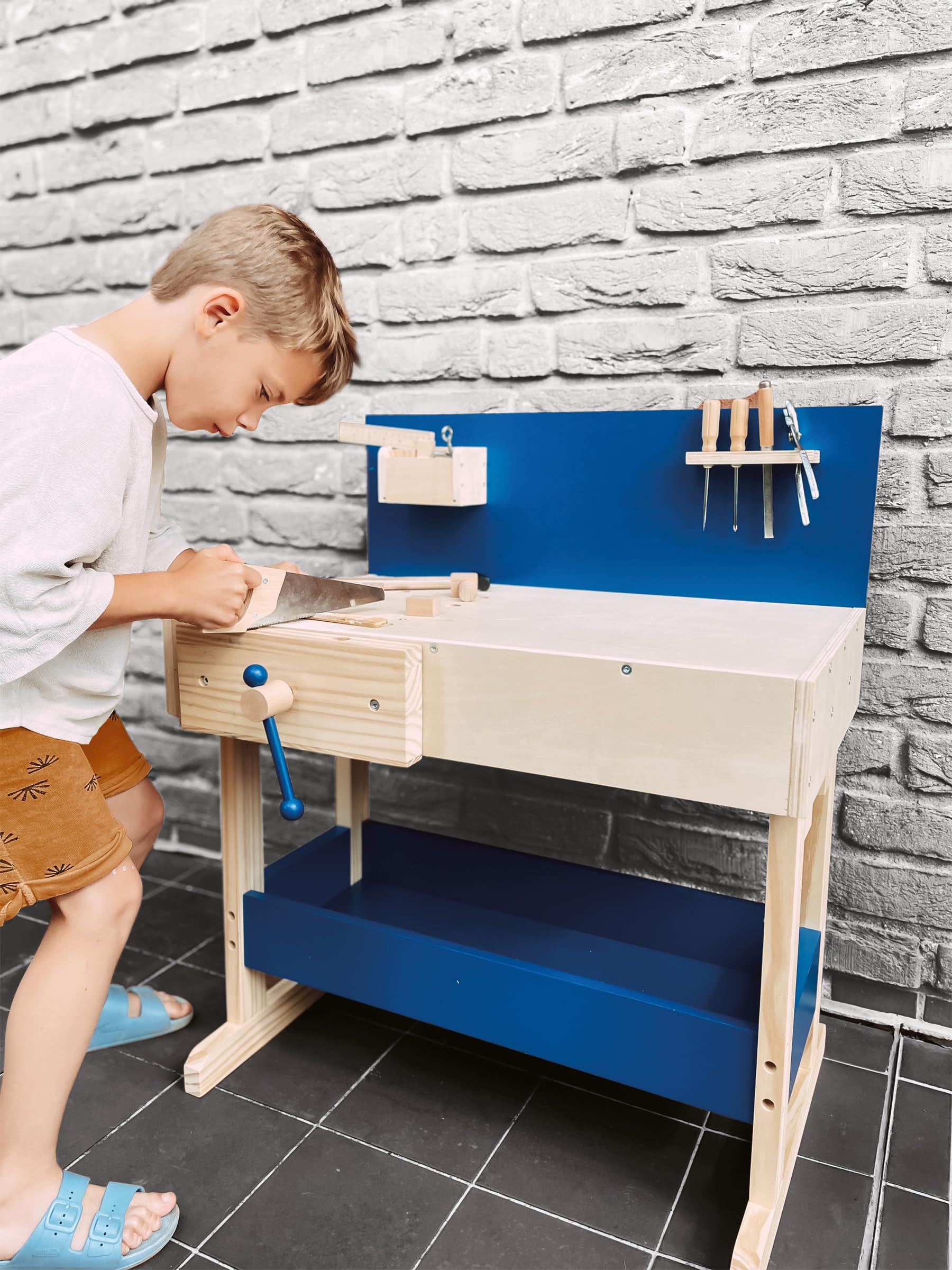 Natural and Blue Wooden Workbench for Kids Ages 8+ | Large Worktop with Tools Included | Perfect for DIY Projects, Woodworking, and STEM Learning Activities
