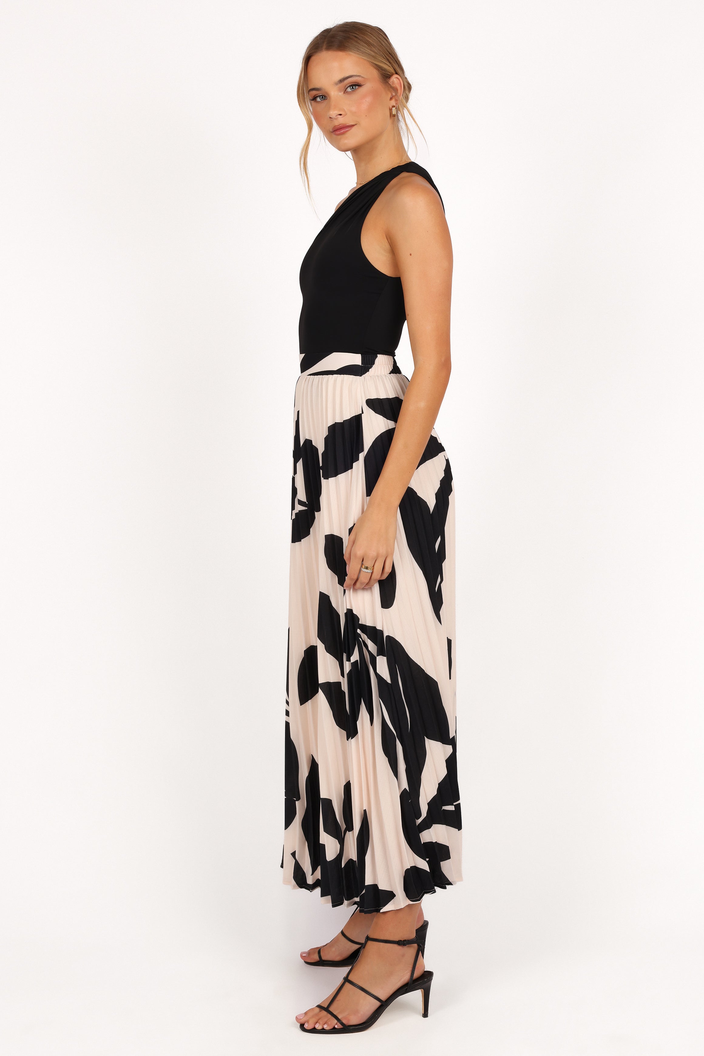 Aurora Pleated Maxi Skirt for Women - Cream Black Floral Print, High Waist Elegant Long Skirt for Spring Summer, Perfect for Beach, Party, and Casual Outfits
