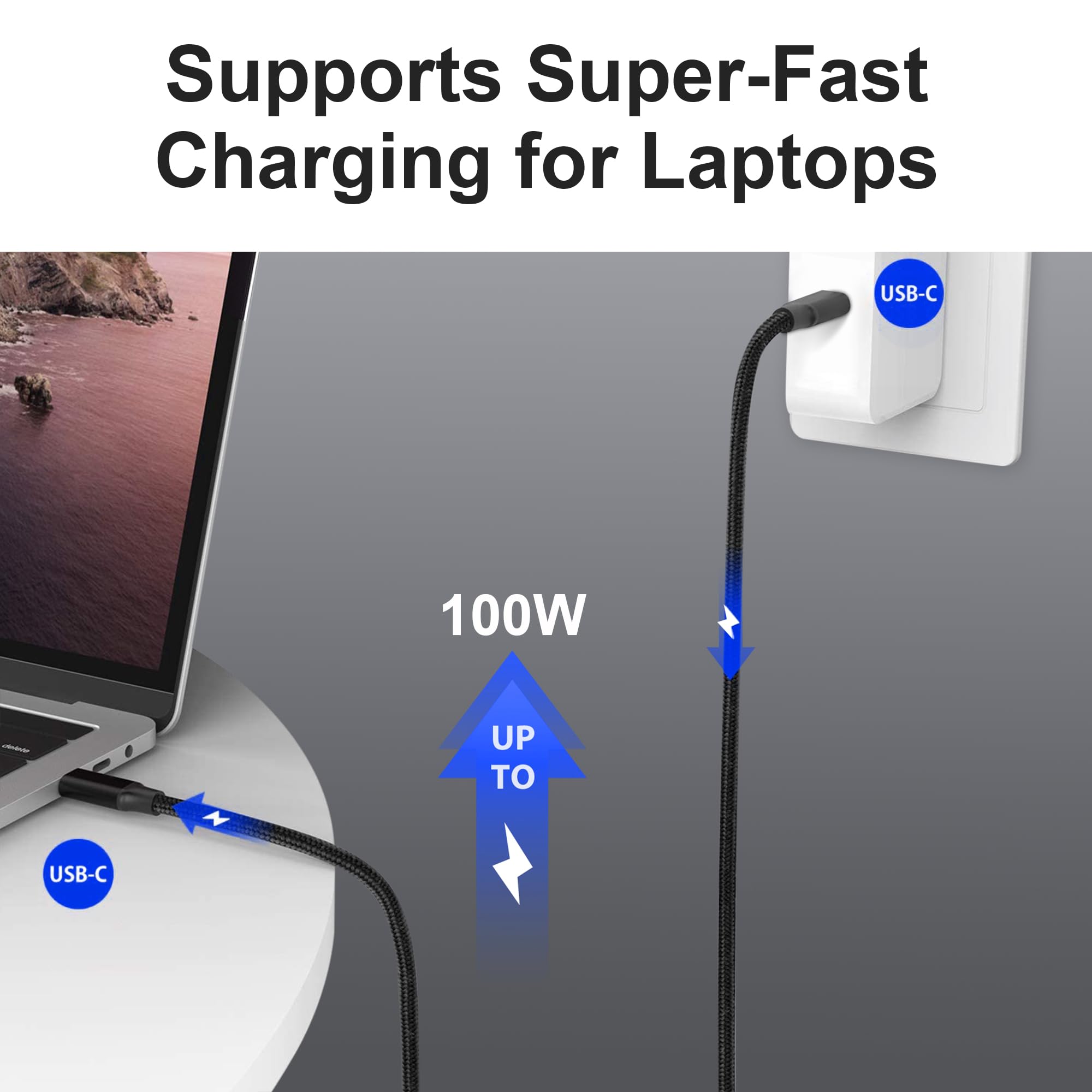 Fast Charging USB C to C Cable 10ft - 3.2 Gen 2 USB-C Cable 20Gbps 100W PD, 4K UHD Compatible with MacBook Pro, iPad Pro, Galaxy S23 - Durable Nylon Braided for Home, Office & Travel (Black)