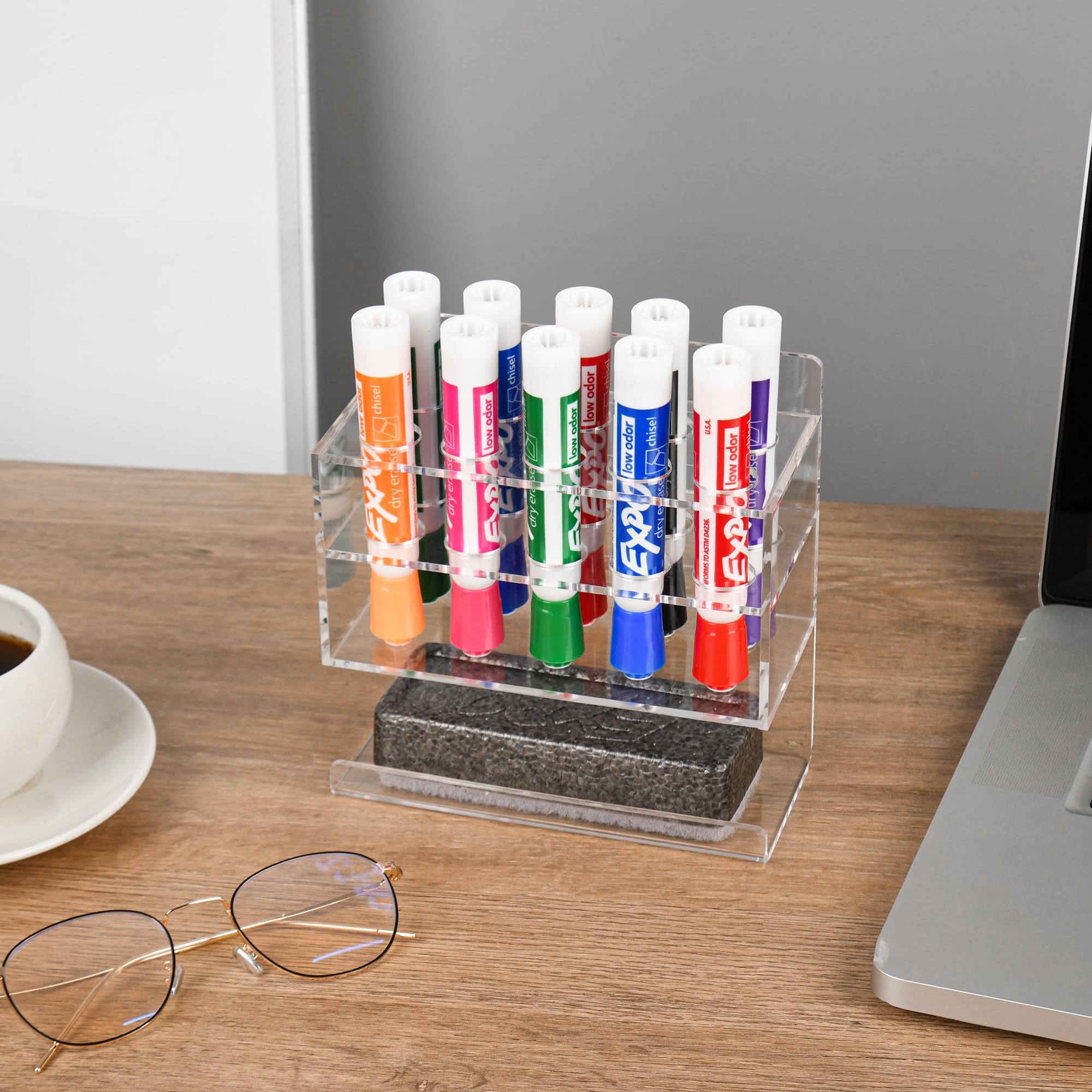 Wall Mounted Dry Erase Marker Holder - 10 Slot Acrylic Whiteboard Marker Organizer for Classroom & Office | Perfect for Whiteboard Accessories, Teacher Supplies & Desk Organization
