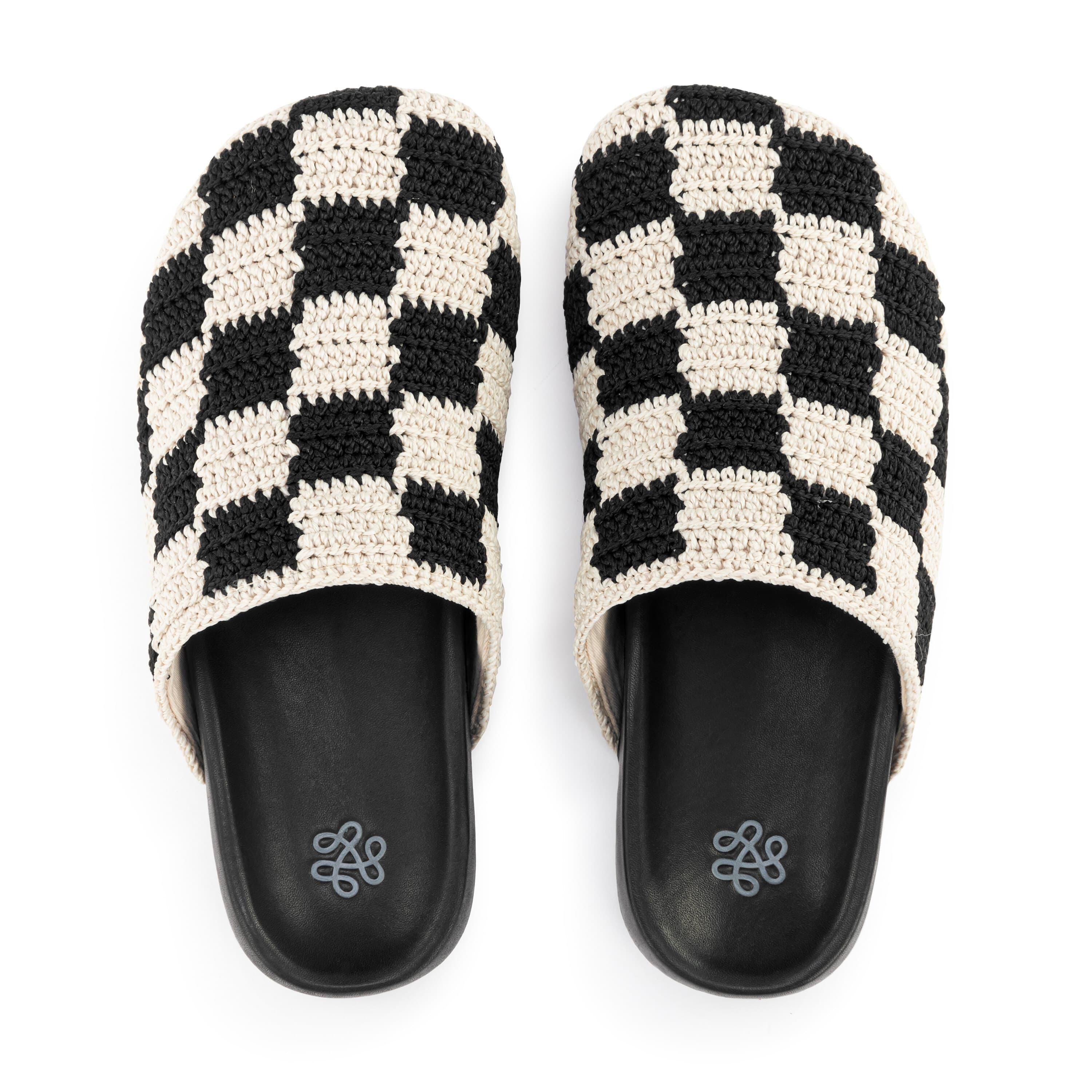 Hand Crochet Bolinas Clogs in Black Check Pattern - Comfortable Slip-On Shoes for Women, Perfect for Beach, Garden, and Casual Wear