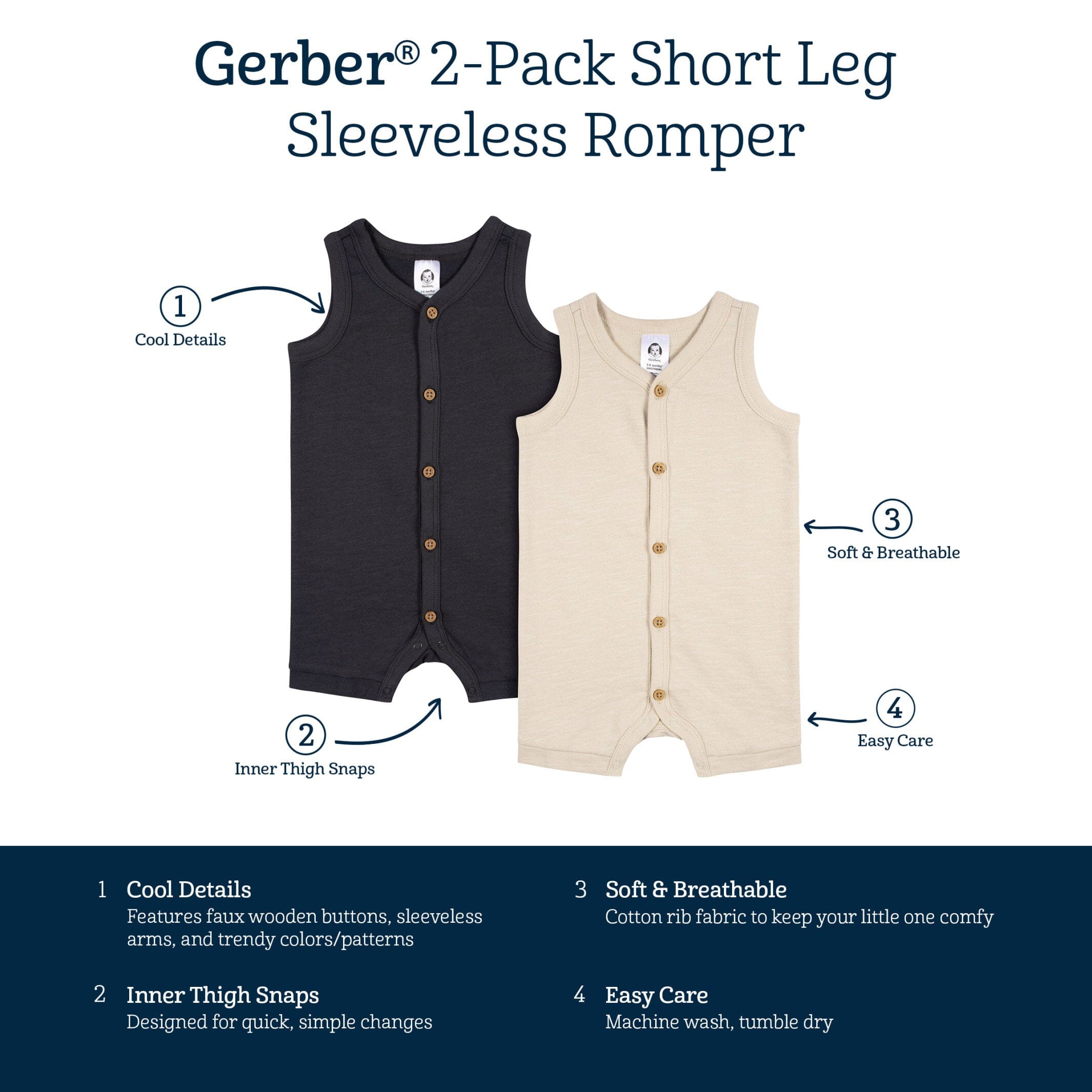 2 Pack Baby Boys Tan & Dark Gray Short Leg Sleeveless Romper - Soft Cotton Summer Outfits for Newborns & Infants - Perfect for Playtime, Beach & Family Photos