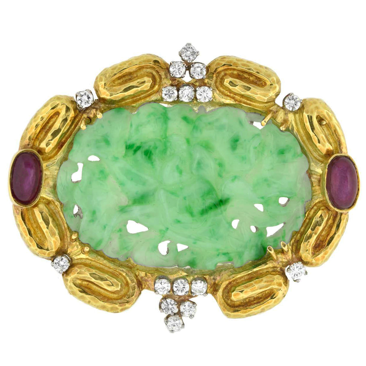 18K Gold Carved Jade Ruby Diamond Brooch Pin - Vintage Estate Jewelry for Women, Gift for Her, Perfect for Weddings & Special Occasions