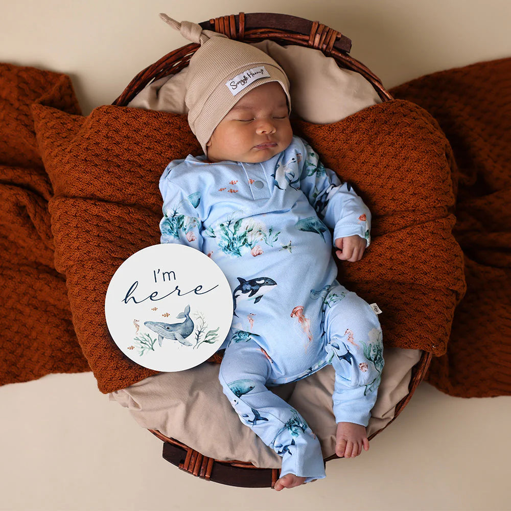 Organic Baby Growsuit - Snuggle Hunny Soft Cotton One-Piece Pajama - Blue Ocean Design for Newborns & Infants - Perfect for Sleepwear, Playtime & Photo Shoots