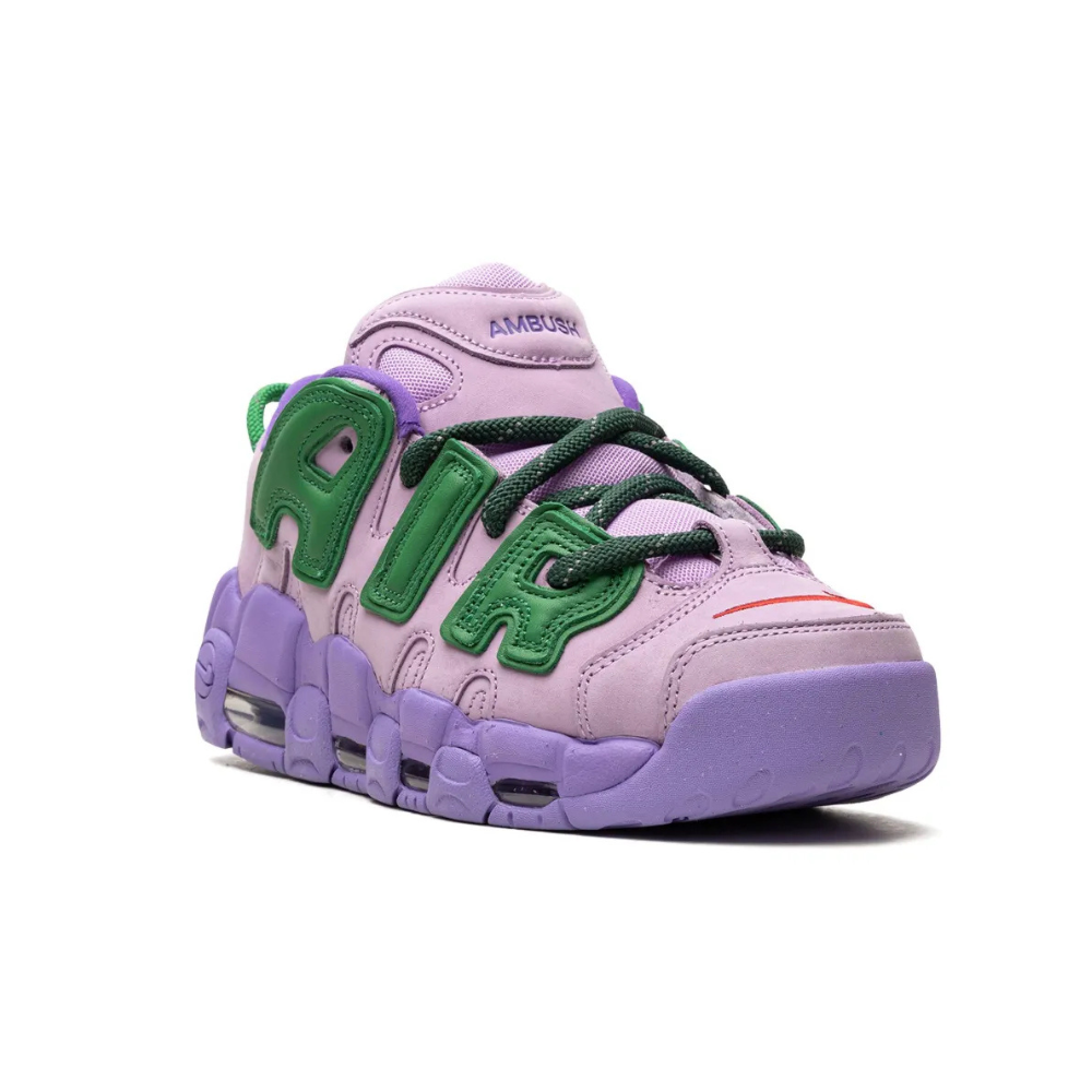 Nike Air More Uptempo Low AMBUSH Sneakers - Lilac, Apple Green & University Red Colorway | Stylish Basketball Shoes for Streetwear & Casual Outfits
