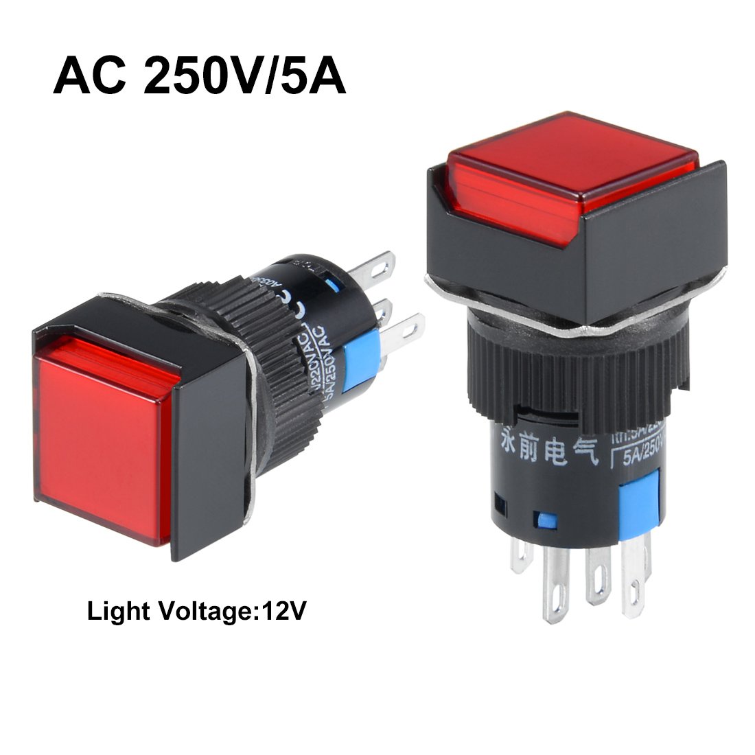 uxcell 2Pcs 16mm Latching Push Button Switch with Red LED Light - SPST 1NO 1NC Square Button 12V for Control Panels, Machinery & DIY Electronics Projects