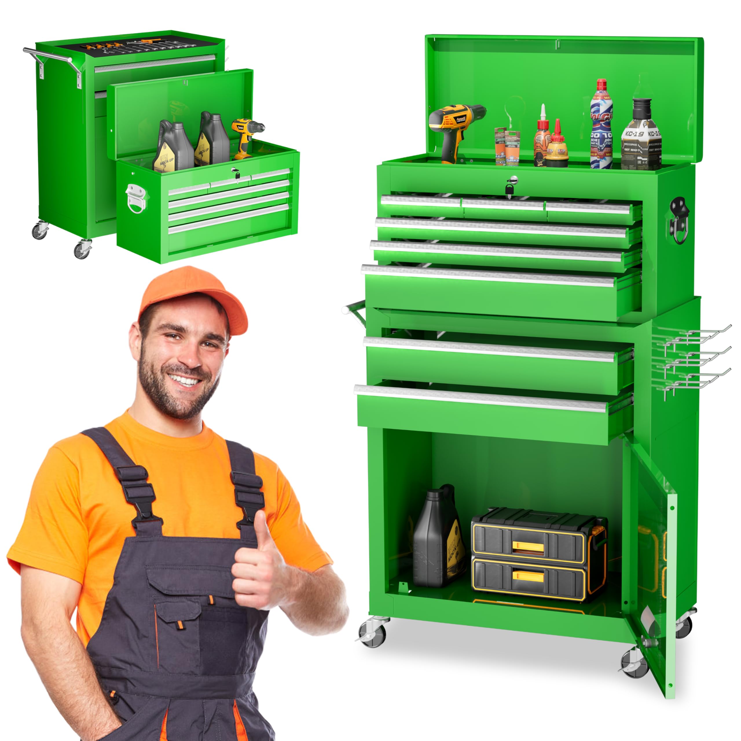 8-Drawer Rolling Tool Chest with Wheels - Detachable Green Metal Tool Cabinet with Locking Top Tool Box for Garage, Warehouse, Repair Shop & Workshop | Heavy-Duty Storage for Mechanics, DIY & Professional Use