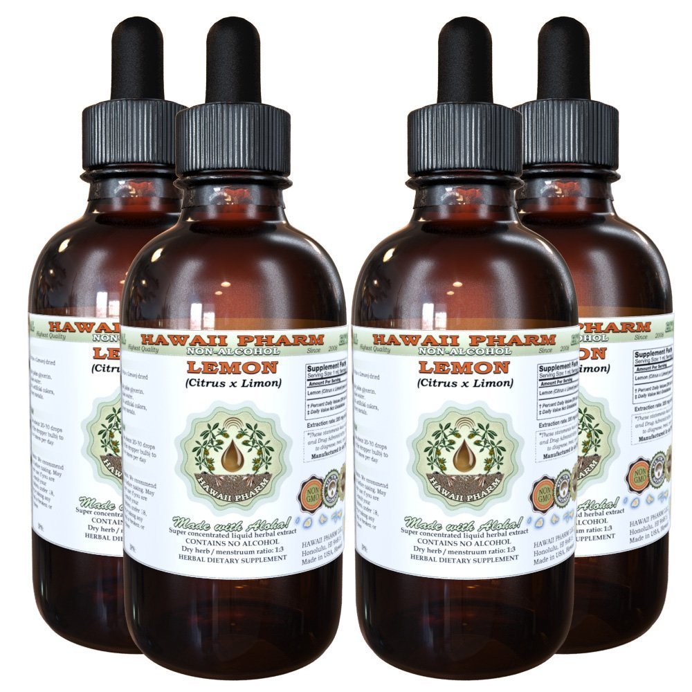 Alcohol-Free Lemon Liquid Extract - Natural Citrus Limon Dried Peel Glycerite Herbal Supplement by Hawaii Pharm (4x4 oz) - Perfect for Tea, Cooking & Wellness Routines