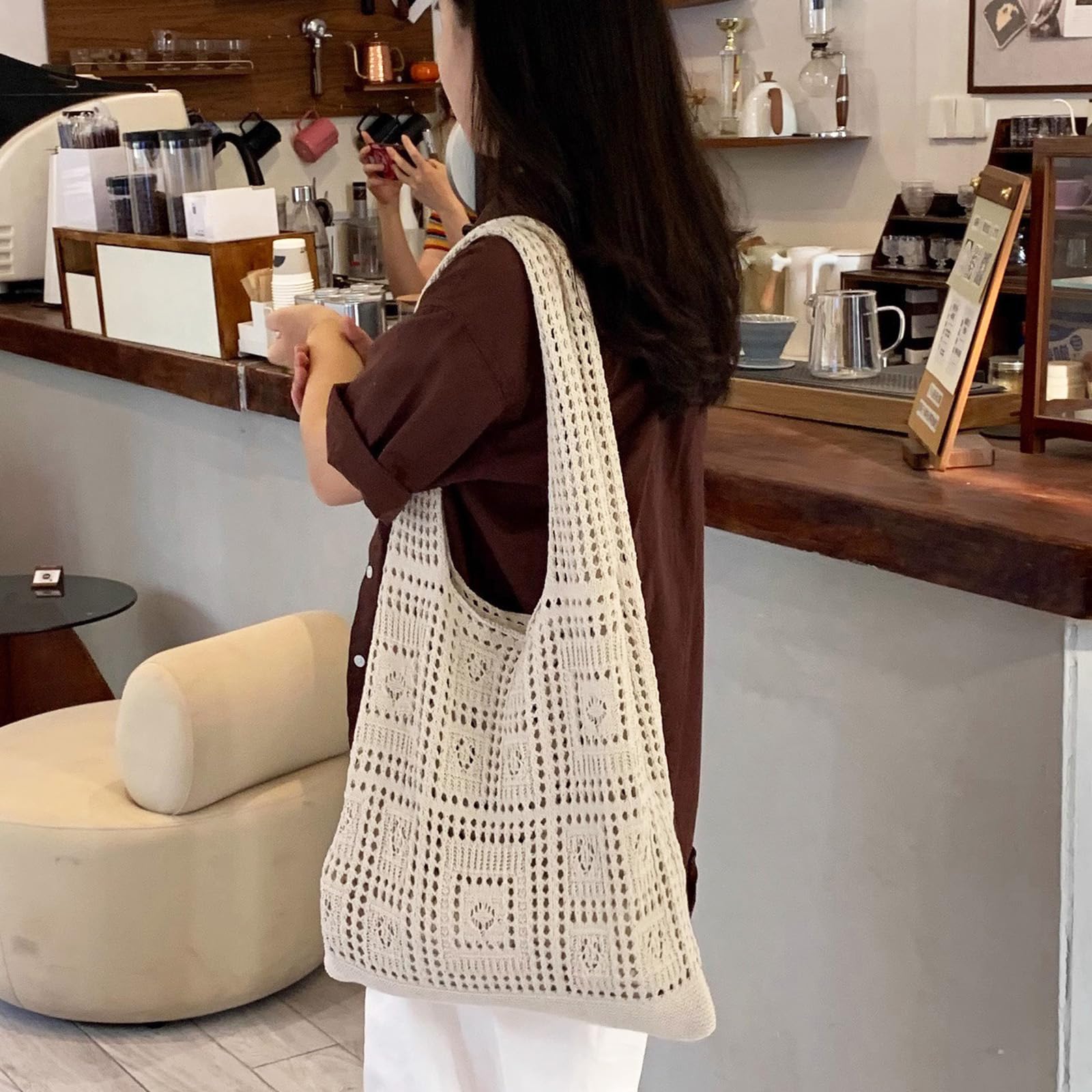 WITERY Crochet Tote Bag - Handmade Knitted Mesh Beach Purse for Women, Summer Fashion Shoulder Bag - Perfect for Beach Outings, Picnics and Shopping