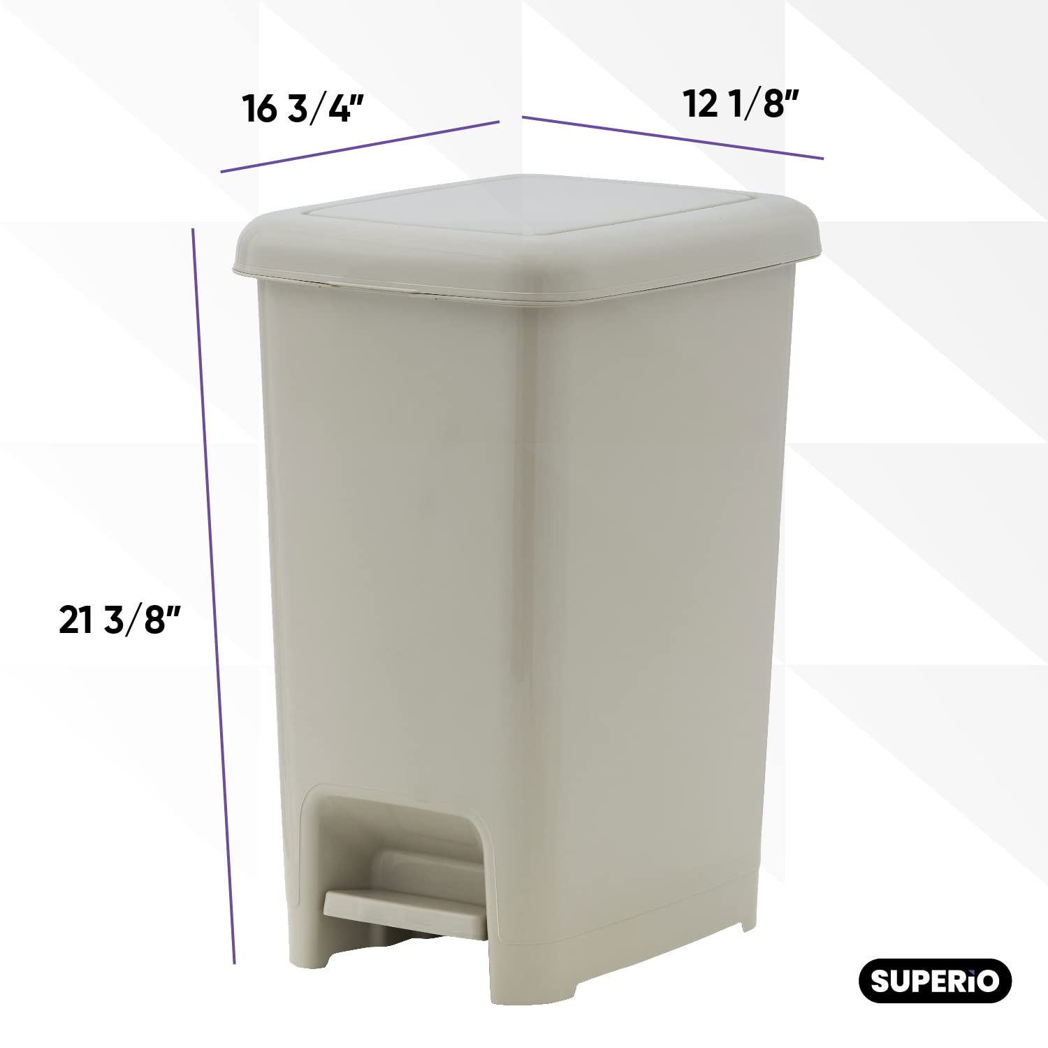 Superio 10.5 Gallon Slim Step-On Trash Can with Lid - Greige Plastic Garbage Bin for Kitchen, Bathroom, Office, Bedroom, Dorm & Patio - Hands-Free Foot Pedal Design for Convenient Waste Disposal