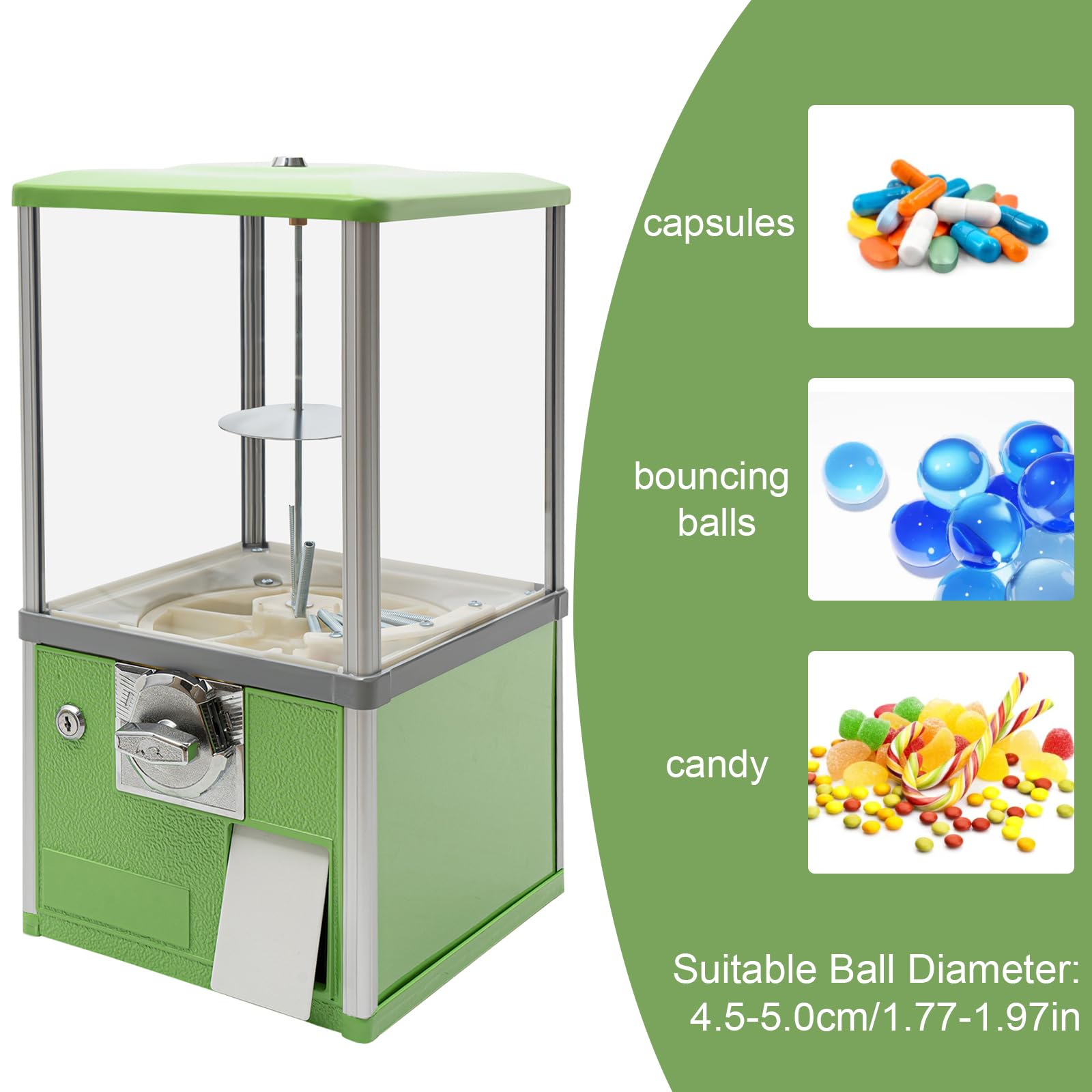 25 Cent Coin Operated Vending Machine - Commercial Gumball & Toy Capsule Dispenser for Candy, Nuts, Prizes (Green) | Perfect for Arcades, Retail Stores, and Party Favors