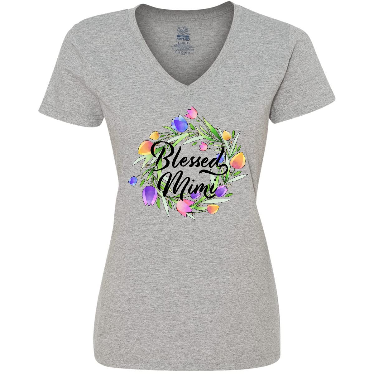 Inktastic Blessed Mimi with Pastel Tulips Women's V-Neck T-Shirt | Soft Cotton Tee for Women | Cute Floral Graphic Top | Perfect for Casual Wear, Spring Outfits & Gift Giving