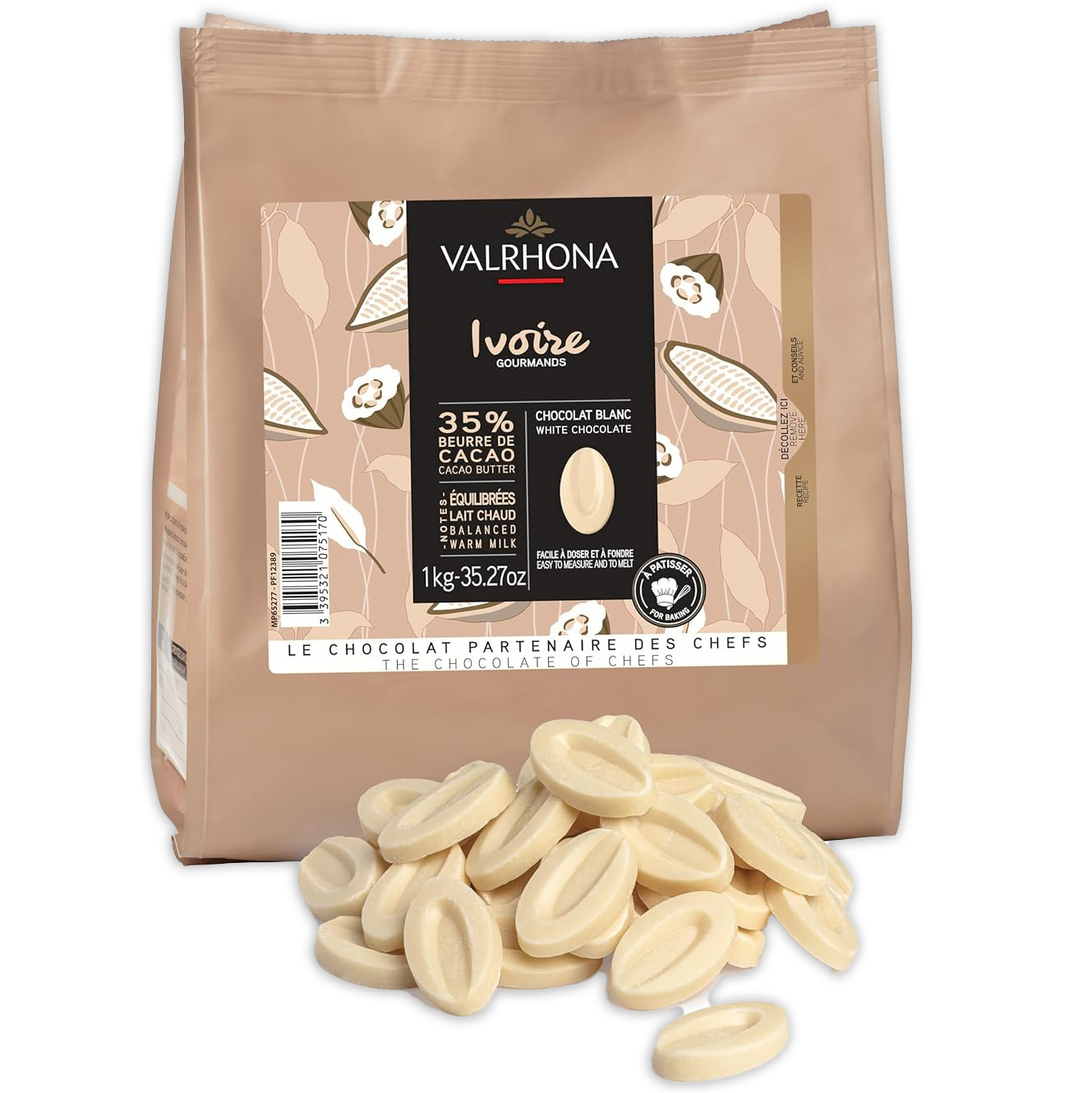 Valrhona Bulk Baking Feves Ivoire 35% White Chocolate 1kg - Premium Baking Chocolate for Pastries, Desserts & Professional Chefs