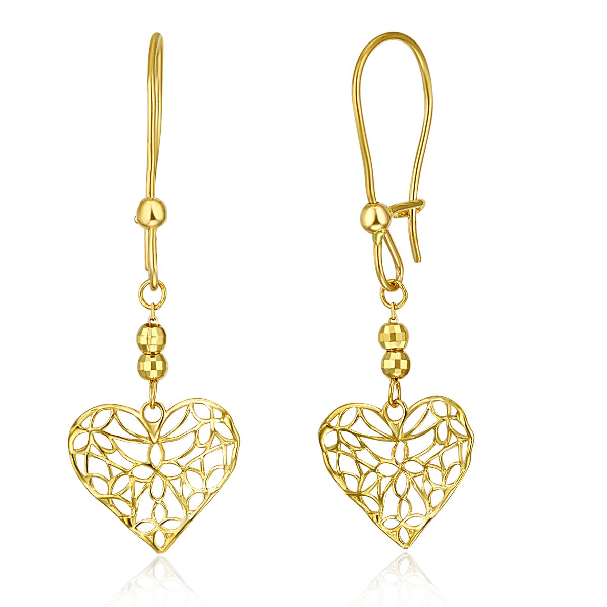Wellingsale 14k Yellow Gold Open Heart Fish-Hook Earrings for Women - Elegant Polished Dangle Earrings 11.7x13.7mm - Perfect Gift for Valentine's Day, Anniversary & Special Occasions