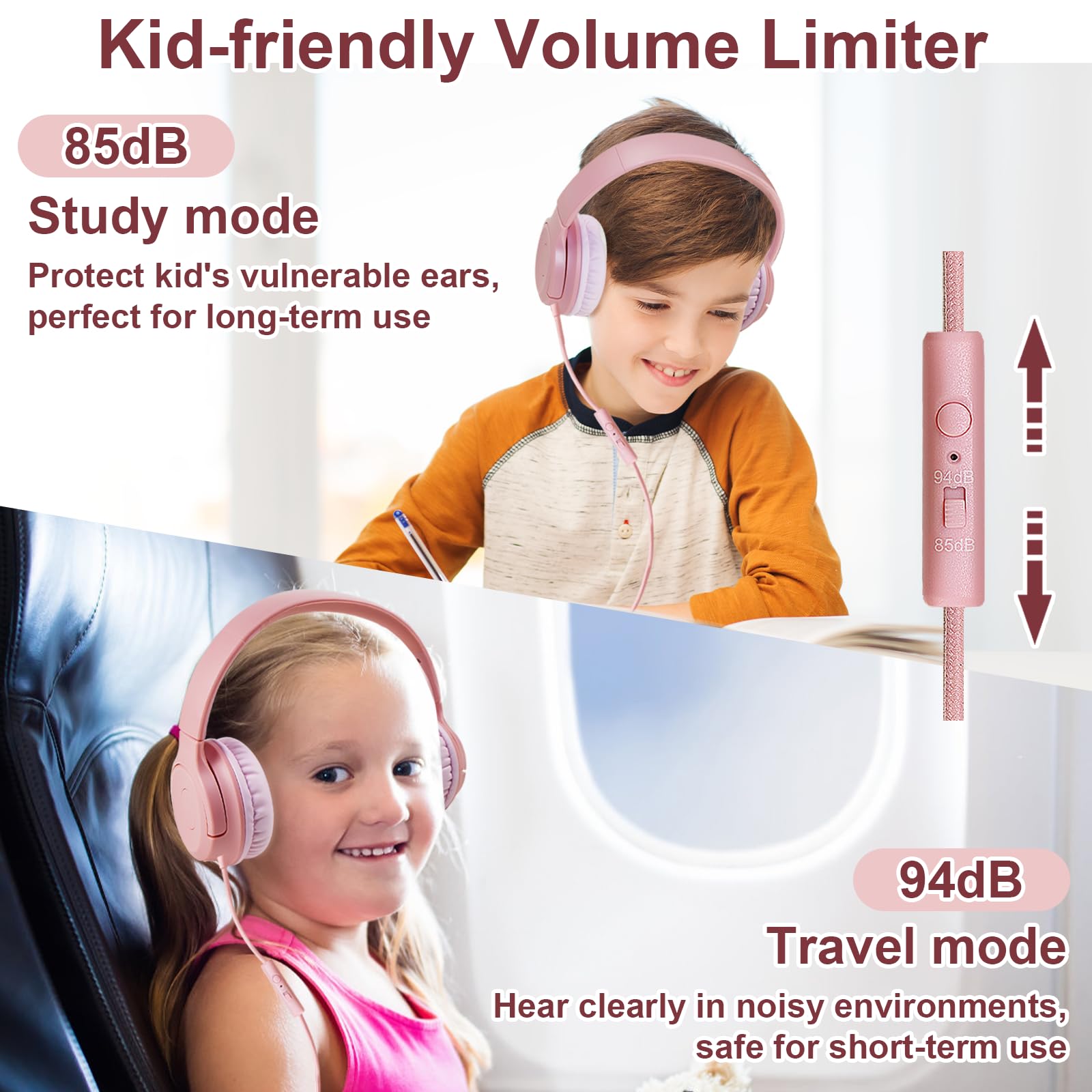 Kids Wired Headphones with Microphone - 85/94dB Safe Volume Limiter, Foldable Over-Ear Headset with 3.5mm Jack for Online Learning, Travel, School & Home Use - Compatible with iPad, Tablet, PC, Laptop - Pink (Ideal for Remote Classes, Gaming & Entertainment)