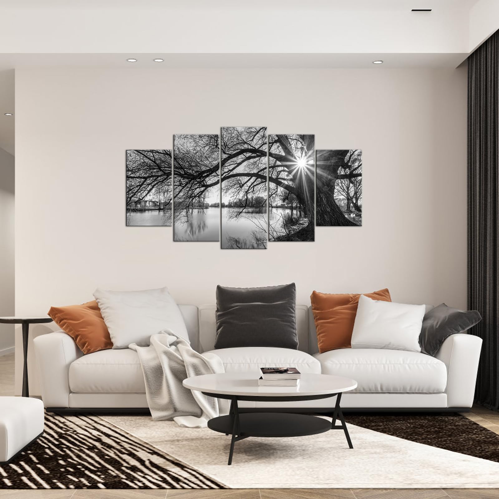 5-Piece Black and White Lake Landscape Canvas Wall Art - Old Tree Sunrise Painting, Framed Modern Home Decor (Ready to Hang) - Perfect for Living Room, Bedroom & Office Decoration