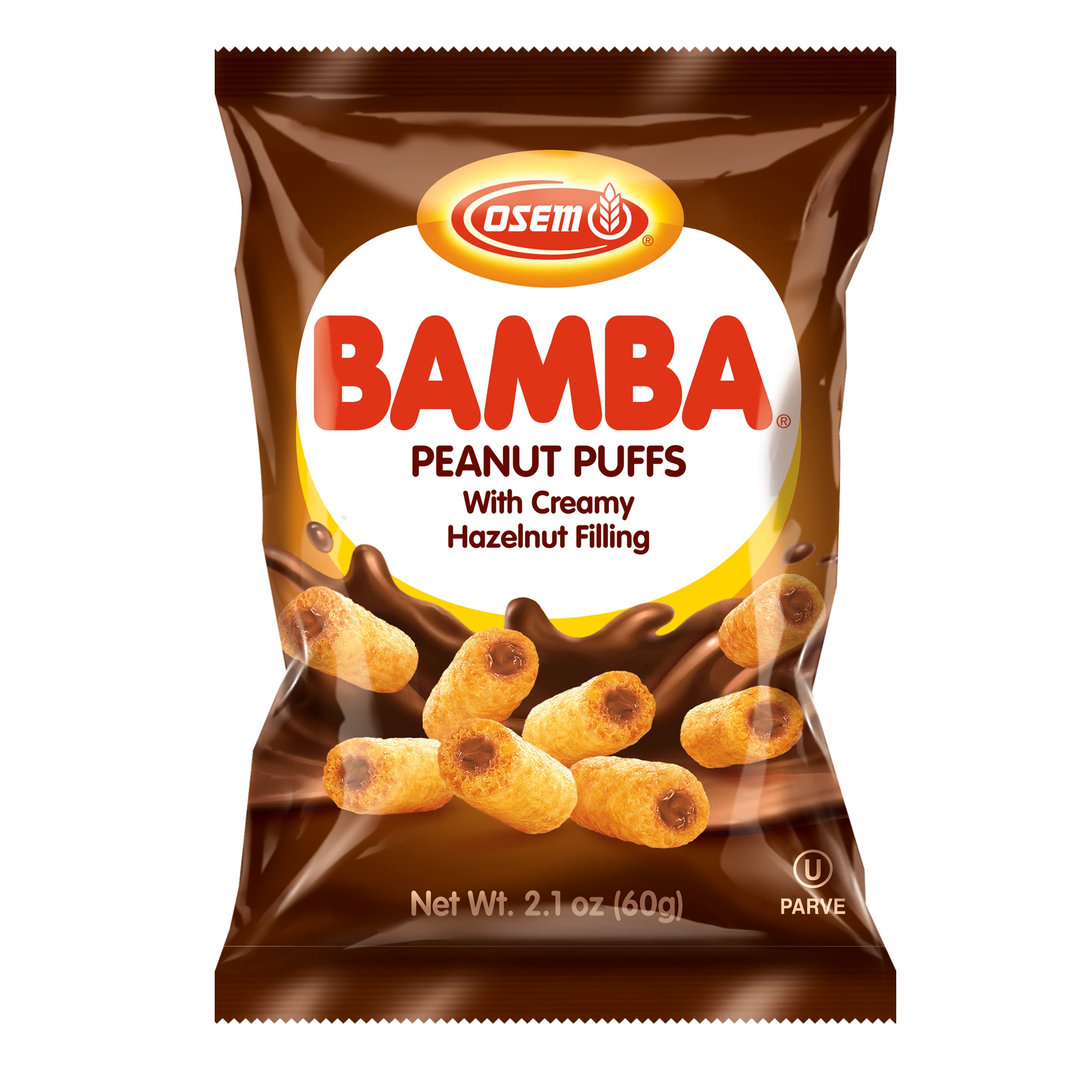 Osem Bamba Hazelnut Cream Peanut Butter Snacks - All Natural Corn Puffs, 2.1oz (60g) - Gluten-Free Kids Snack for School Lunch & Healthy On-the-Go Treat