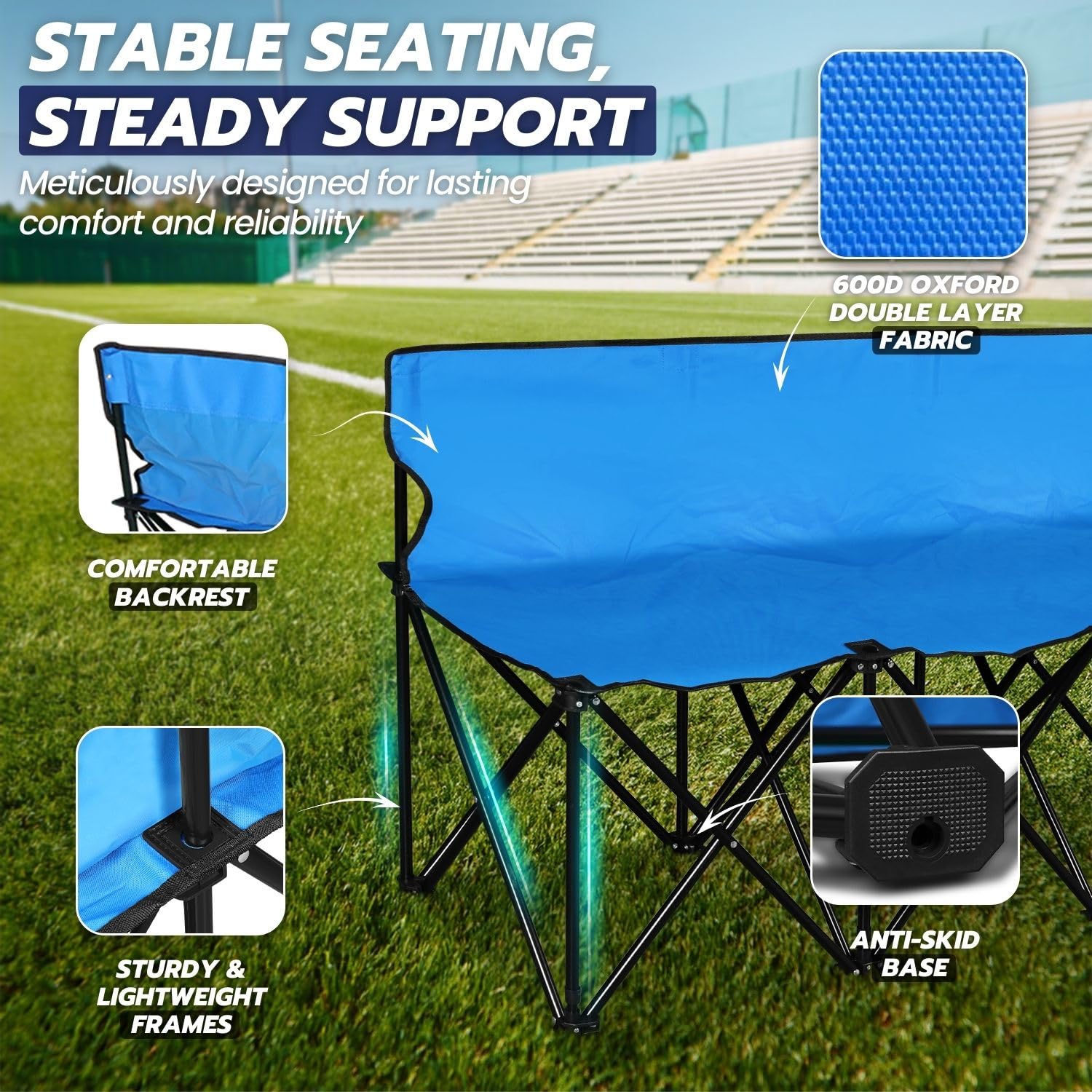 Flexzion Portable Folding Bench Seat - 6 Person Collapsible Soccer Bench with Backrest & Carry Bag - Perfect for Bleachers, Camping, Sports Sidelines, Outdoor Events & Picnics - Durable Blue Bench Seating Solution