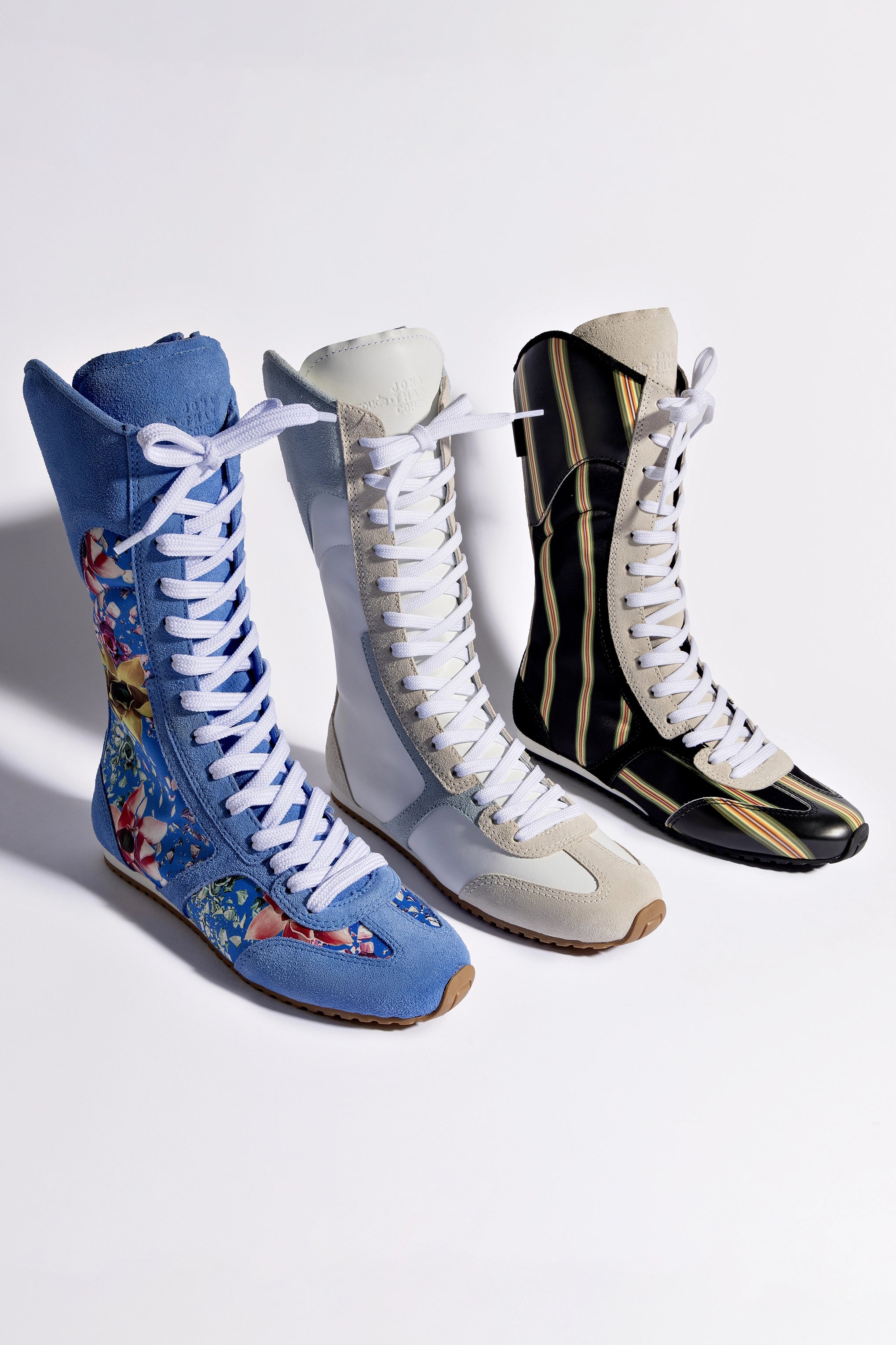 Larroudé x Jonathan Cohen White Leather Flat Lo Sneaker Boot with Maya & Mushroom Grey Suede - Stylish Women's Casual Shoes for Everyday Wear, Work & Outings
