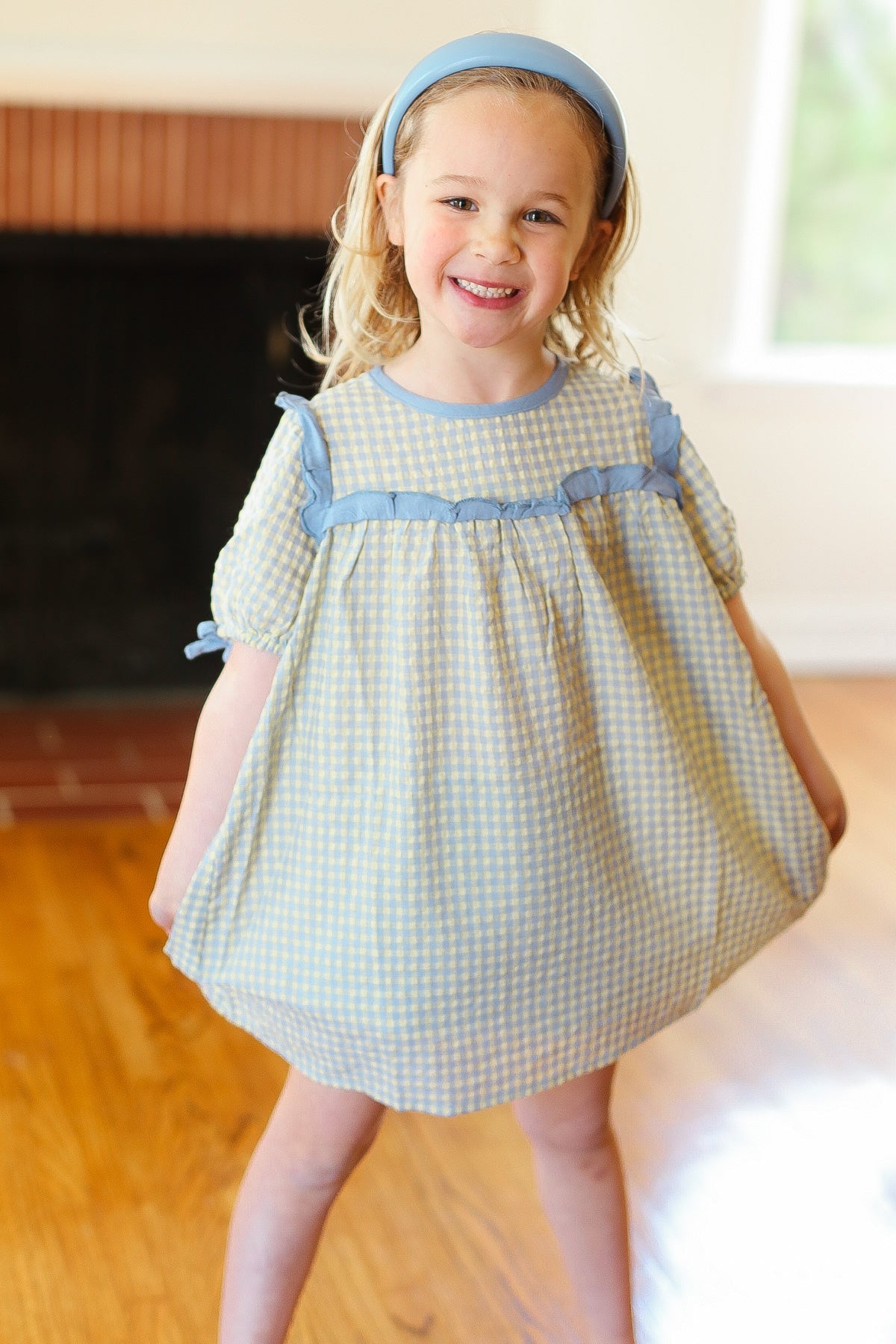 Stylish Blue Gingham Elastic Tie Sleeve Dress for Women | Summer Casual & Party Wear | Perfect for Beach Outings, Picnics, and Date Nights