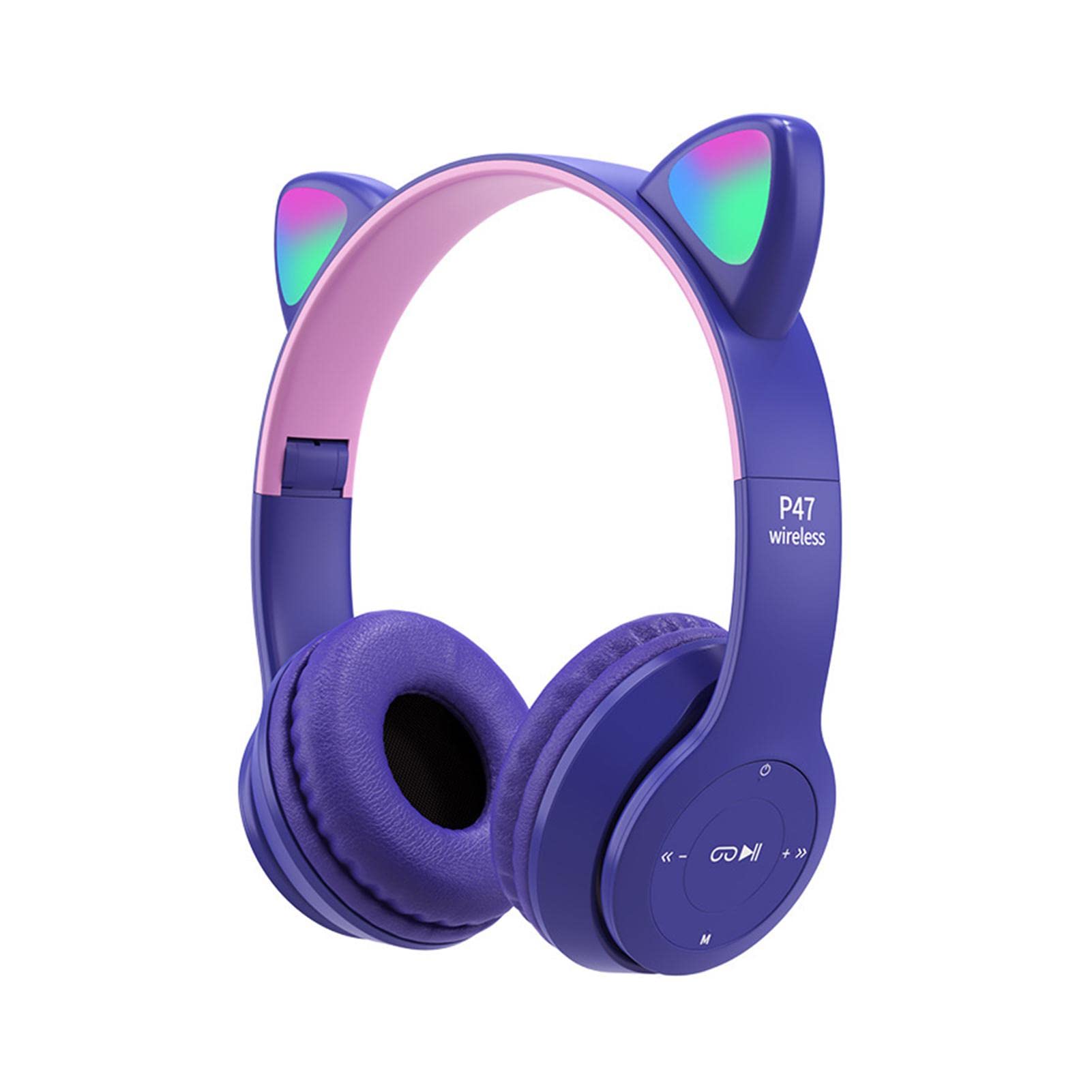 Wireless LED Gaming Headset with Cat Ears - Bluetooth 5.0 Foldable Headphones with Microphone, Stereo On-Ear Headset for Kids & Adults (Purple) - Perfect for Gaming, Streaming & Online Classes
