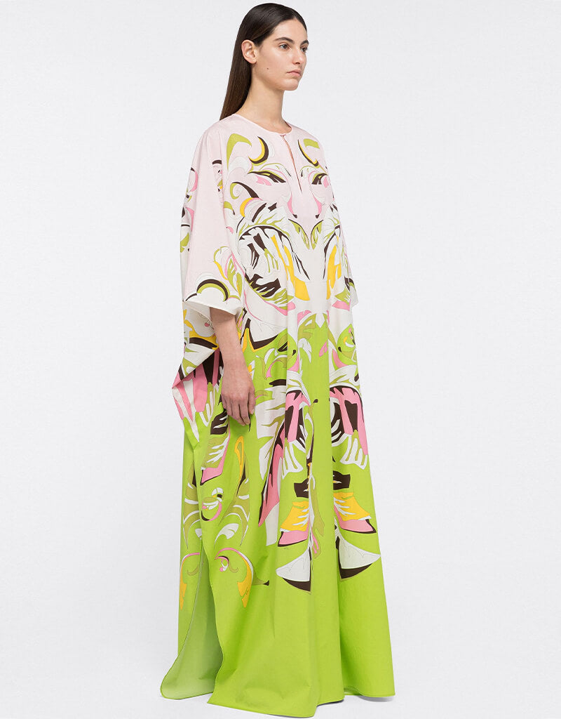 Luxury Beige & Green Crepe Kaftan Dress - Elegant Flowy Maxi Kaftan for Women - Perfect for Beach Cover Up, Resort Wear & Summer Vacation Outfits