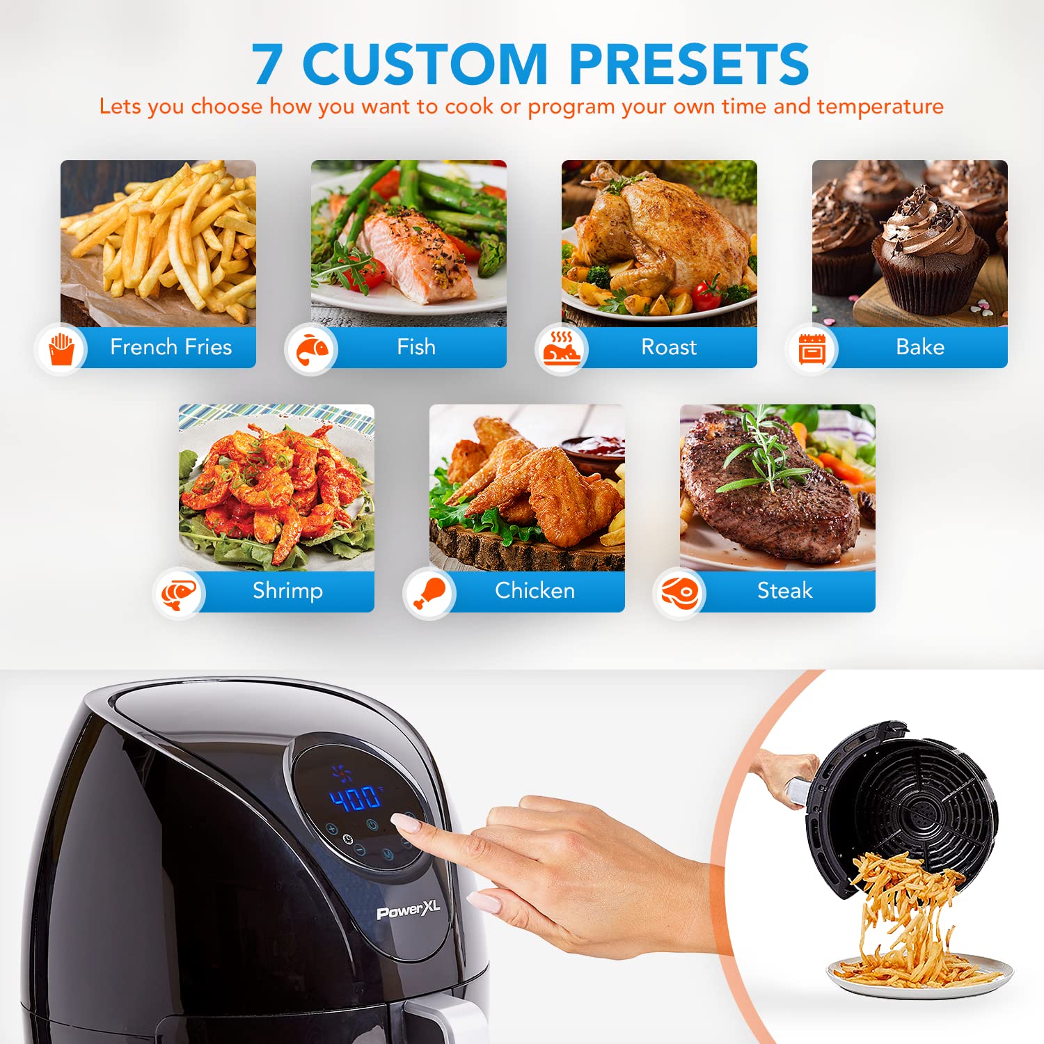 PowerXL Air Fryer 7 QT Maxx Classic - Extra Hot Air Fryer for Cooking, Crisping, Broiling, Roasting & Baking - High Gloss Black Finish (7 Quart) (HF-196DT) - Perfect for Healthy Family Meals & Quick Weeknight Dinners