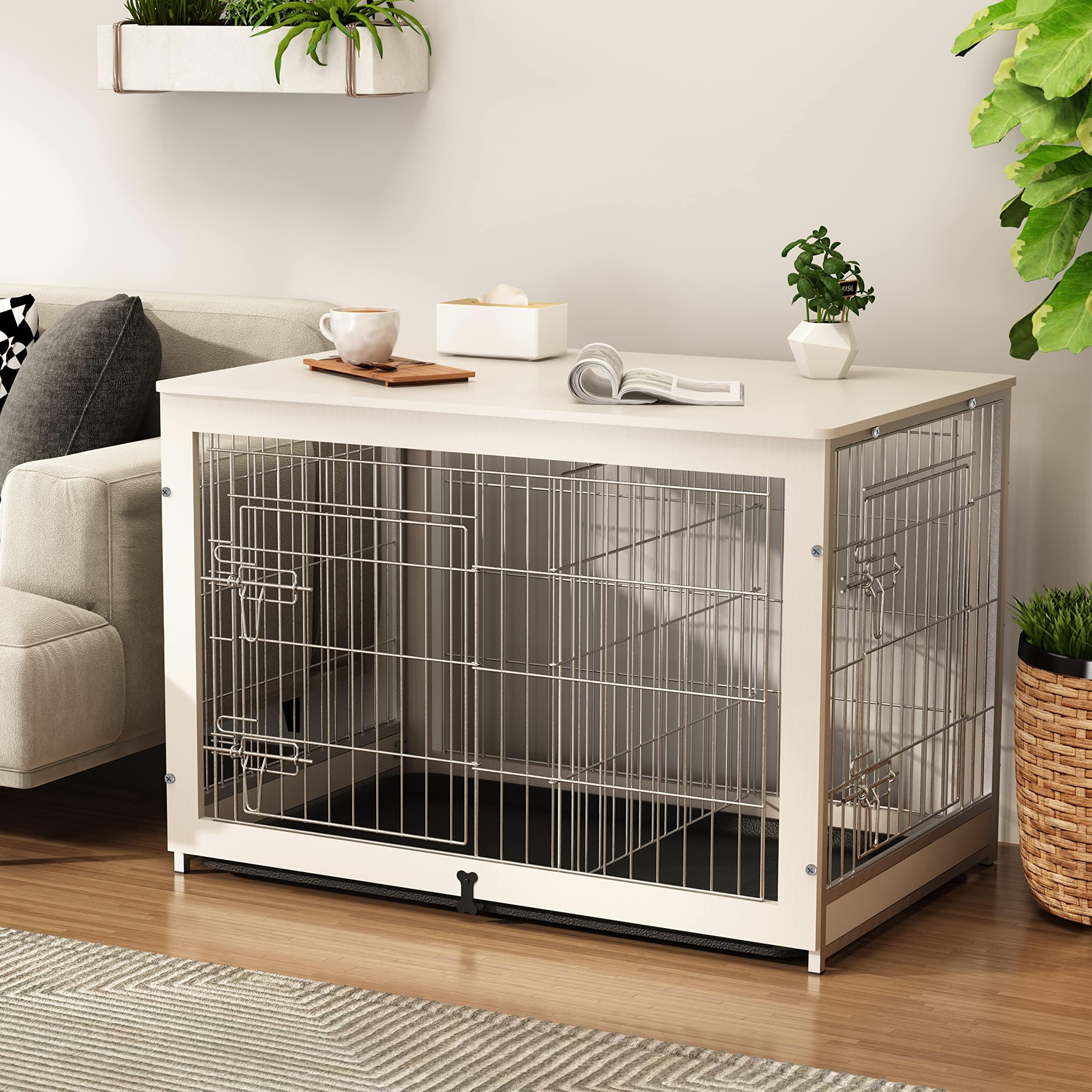 Piskyet Wooden Dog Crate Furniture with Divider Panel - Double Doors Dog Kennel Indoor for Large Dogs, Fixable Slide Tray, White (38