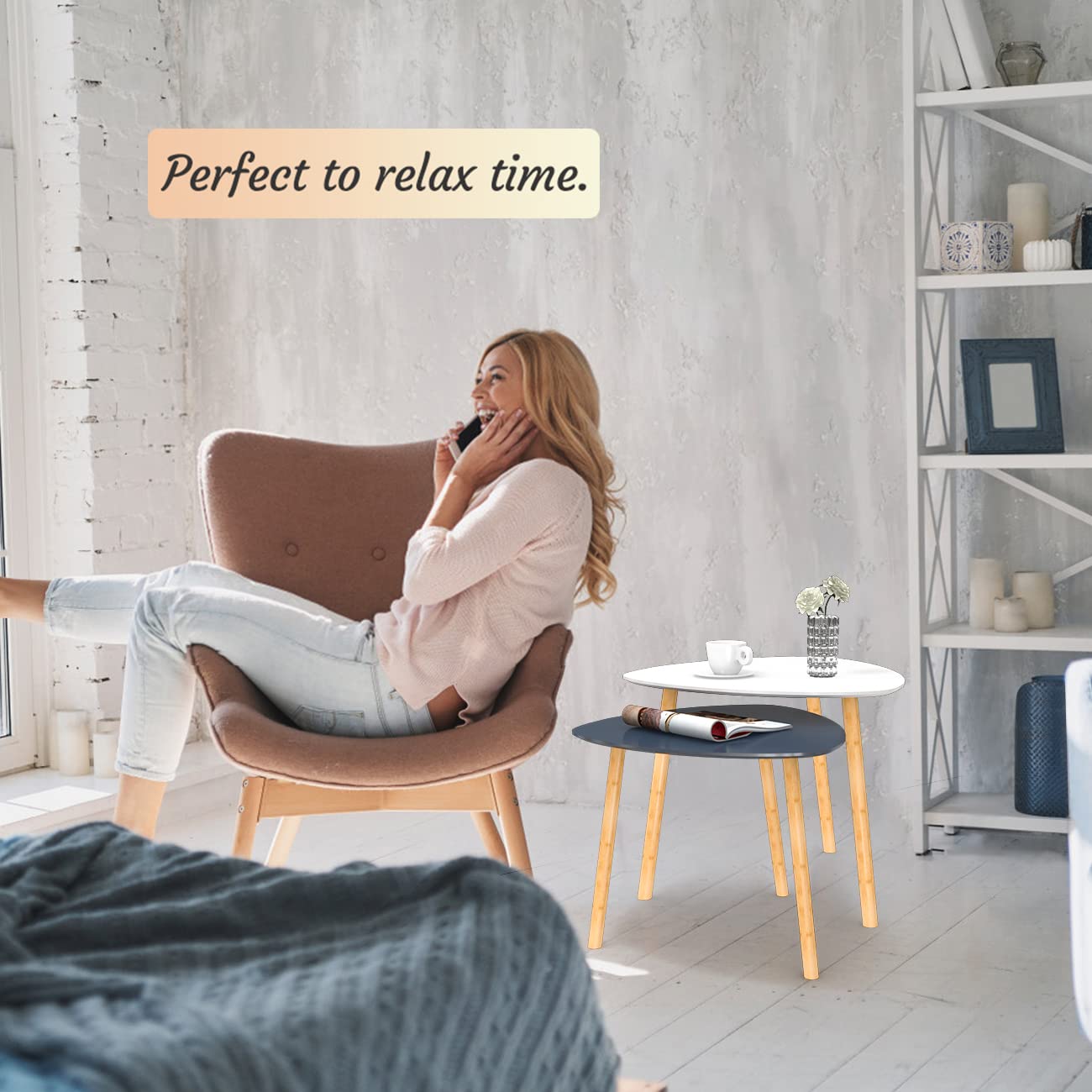 Bambloom Bamboo Nesting Coffee Tables Set of 2 - Modern Triangle End Tables for Living Room, Bedroom, Apartment, Balcony & Small Spaces - White & Gray - Perfect for Coffee Time, Reading Nook & Space-Saving Decor
