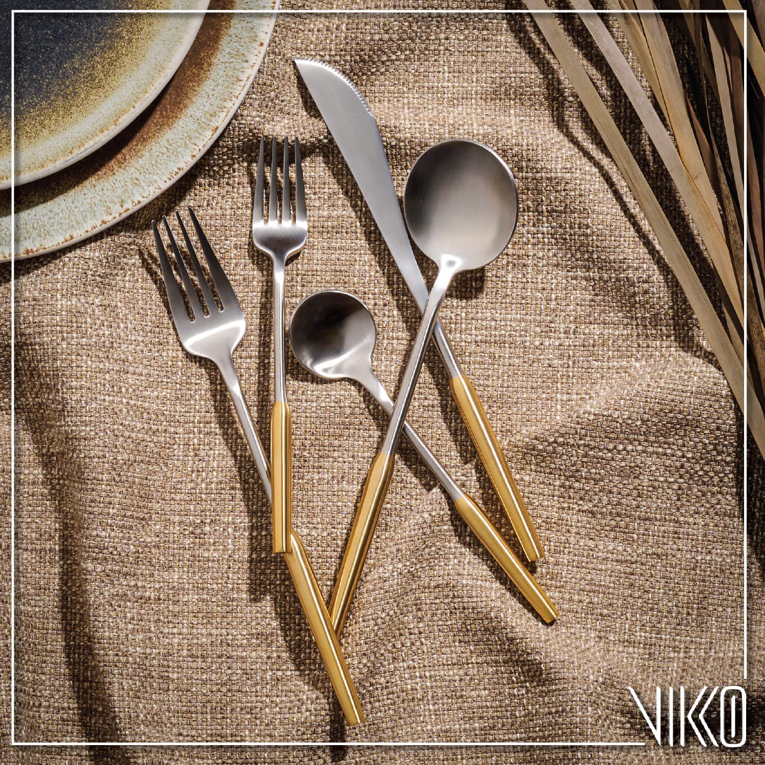 Vikko Modern Two-Tone Silverware Set - Brushed Gold & Silver 18/10 Stainless Steel Flatware - 20 Piece Cutlery Set for 4 - Elegant Dining Utensils for Wedding, Anniversary & Formal Dinner Parties