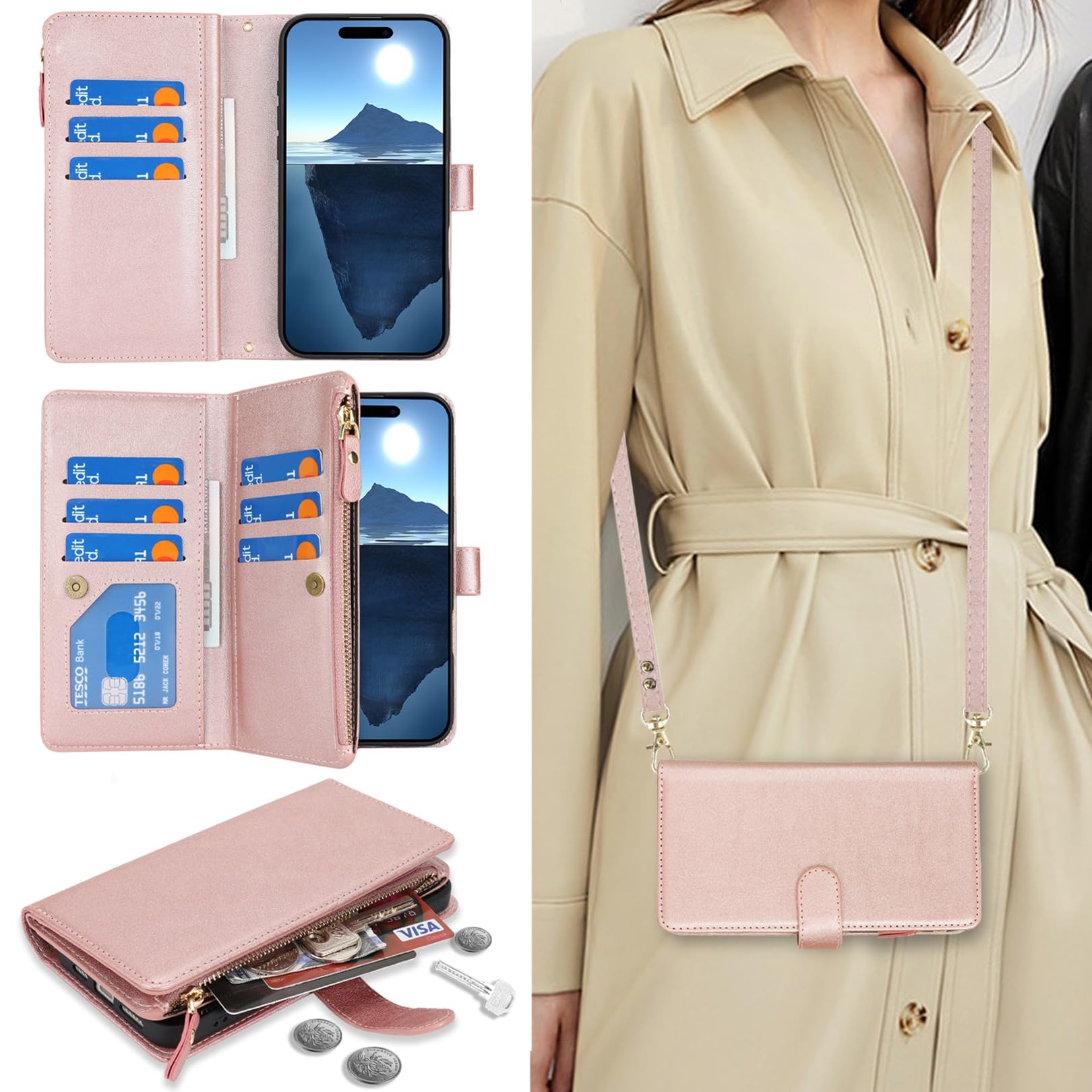 Jaorty iPhone 16 Pro 5G Wallet Case with Card Holder & Zipper Pocket - PU Leather Crossbody Phone Case with Strap for Women (6.3