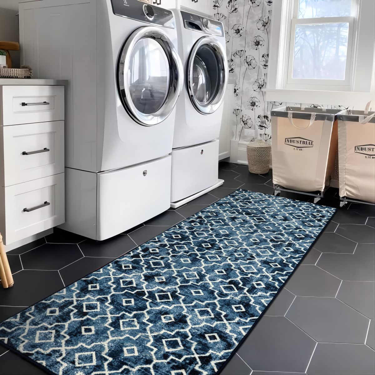 Wonnitar Moroccan Washable Runner Rug 2x6 - Non-Slip Blue Hallway Rug, Distressed Entryway Carpet with Modern Geometric Trellis Design - Perfect for Bathroom, Bedroom, Laundry Room & High-Traffic Areas (Post Blue, 2'x6')