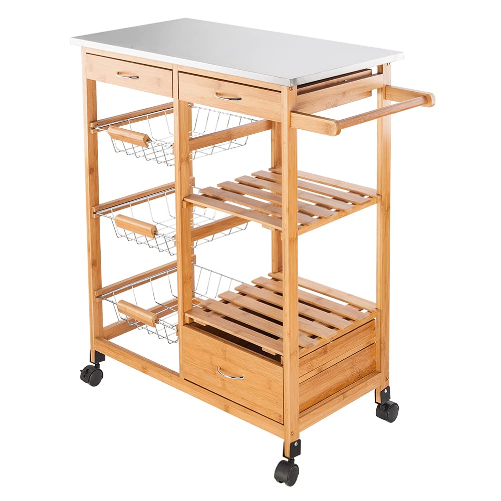 GT4-LY Detachable Kitchen Cart with Stainless Steel Table Top, 3 Drawers & 3 Baskets - Mobile Kitchen Island for Small Spaces, Living Room, Dining Room & Office Use - Perfect for Food Prep, Storage & Extra Counter Space