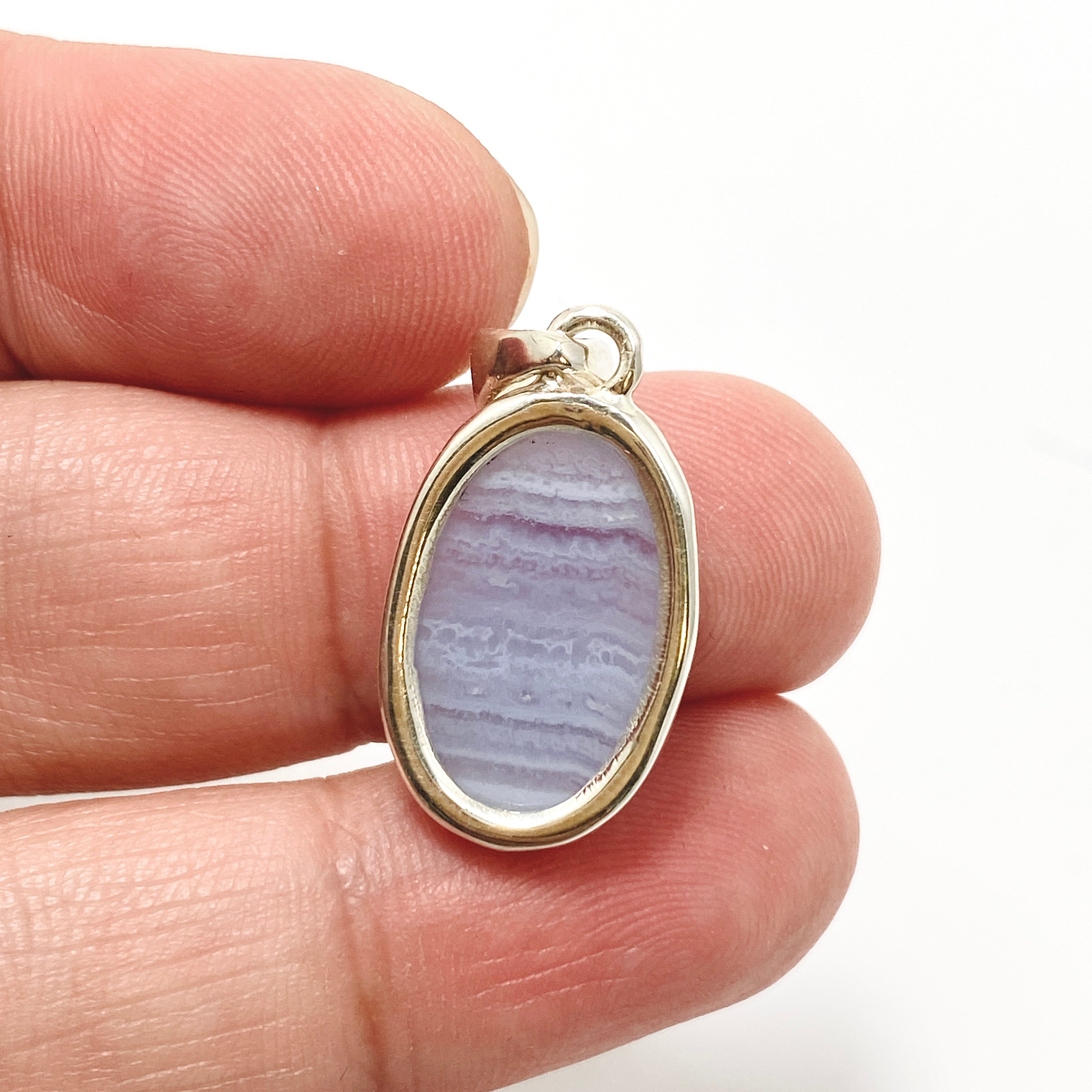 Blue Lace Agate Oval Cabochon Pendant in Hammered Sterling Silver Setting KPGJ4818 - Perfect for Boho Jewelry & Spiritual Healing