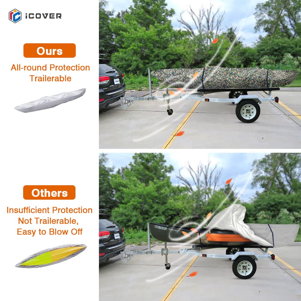 10ft Waterproof Heavy Duty Kayak Canoe Cover - Universal Fit for Kayaks & Canoes up to 10ft Length & 27in Width - UV Resistant Camouflage Design - Perfect for Outdoor Storage, Travel & Winter Protection