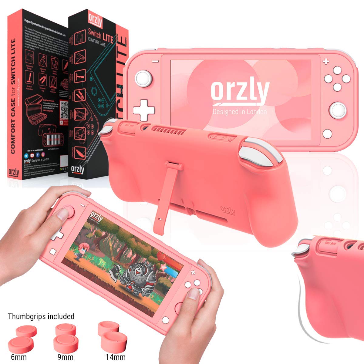 Orzly Comfort Grip Case for Nintendo Switch Lite - Padded Hand Grips, Adjustable Kickstand & Bonus Thumb Grips - Coral | Perfect for Gaming On-The-Go & Travel Protection