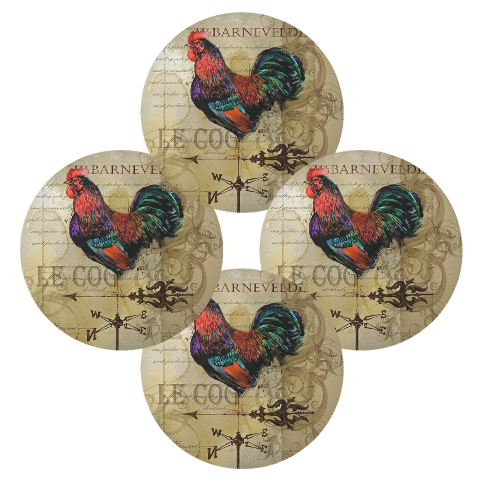 Vintage Rooster Weatherproof Outdoor Placemats Set of 4 - Heat Resistant Round Table Mats for Dining, Kitchen, Home Decor - Perfect for Indoor/Outdoor Parties, BBQ, and Farmhouse Style Decorations