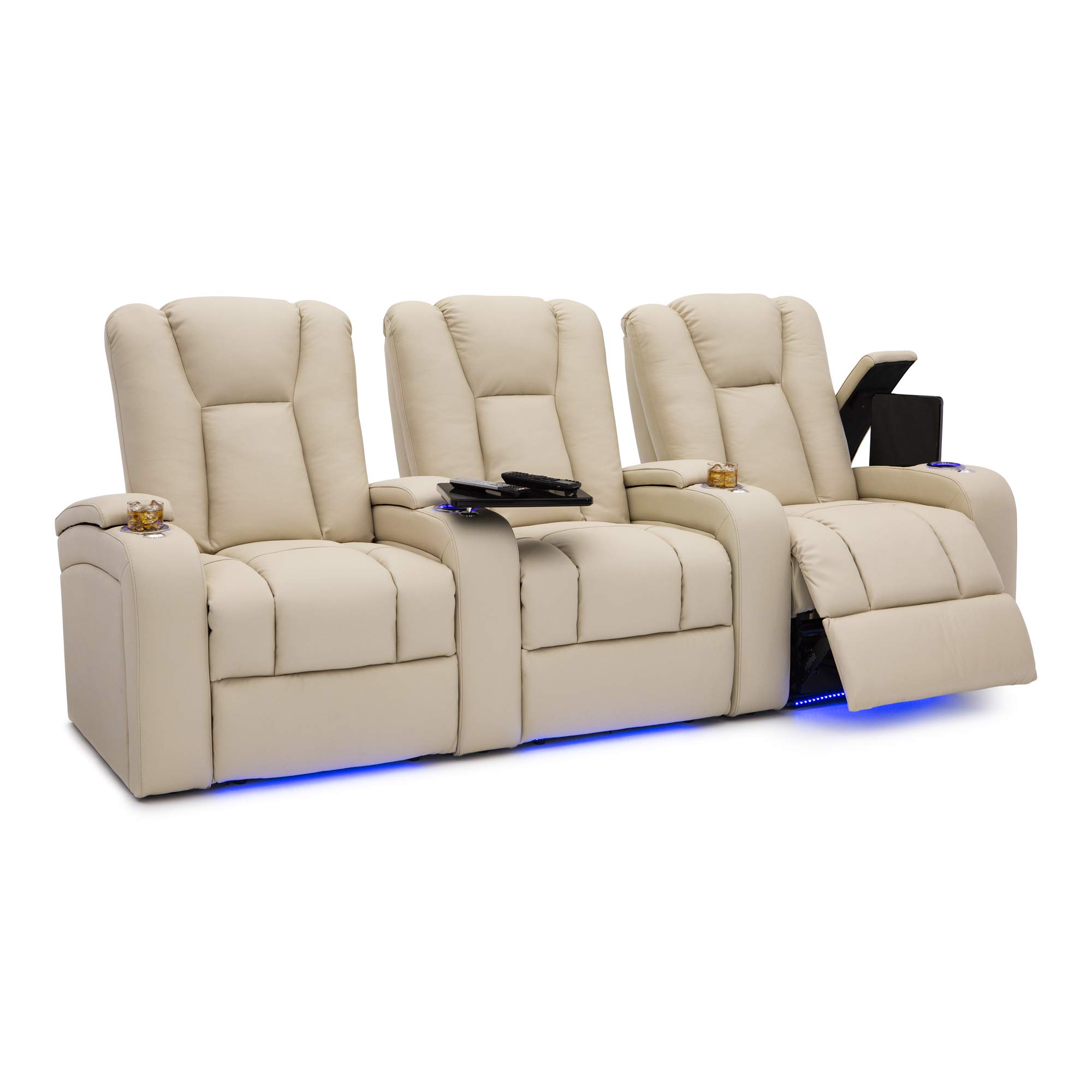 Premium Leather Home Theater Seating Set of 3 - Power Recline, Tray Tables & Built-in Storage with Ambient Lighting - Perfect for Movie Nights & Home Entertainment (Vanilla)
