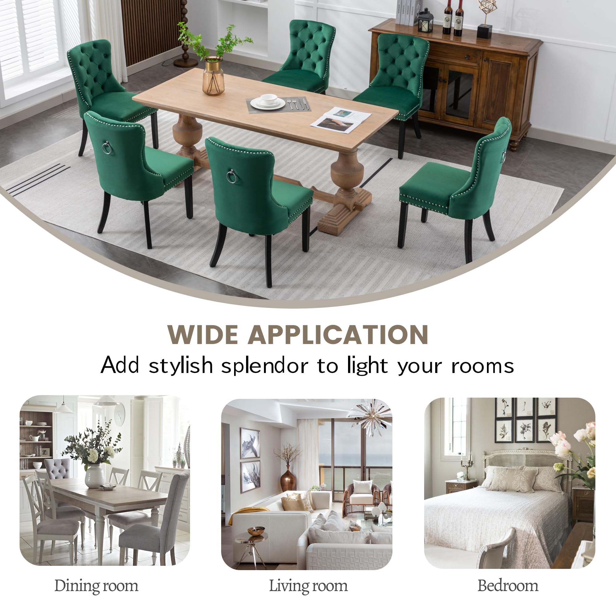 KCC Velvet Dining Chairs Set of 2 - Upholstered Tufted Modern Dining Room Chairs with Nailhead Trim & Solid Wood Legs, Nikki Collection Green Velvet Kitchen Chairs for Dining Room, Restaurant & Home Decor