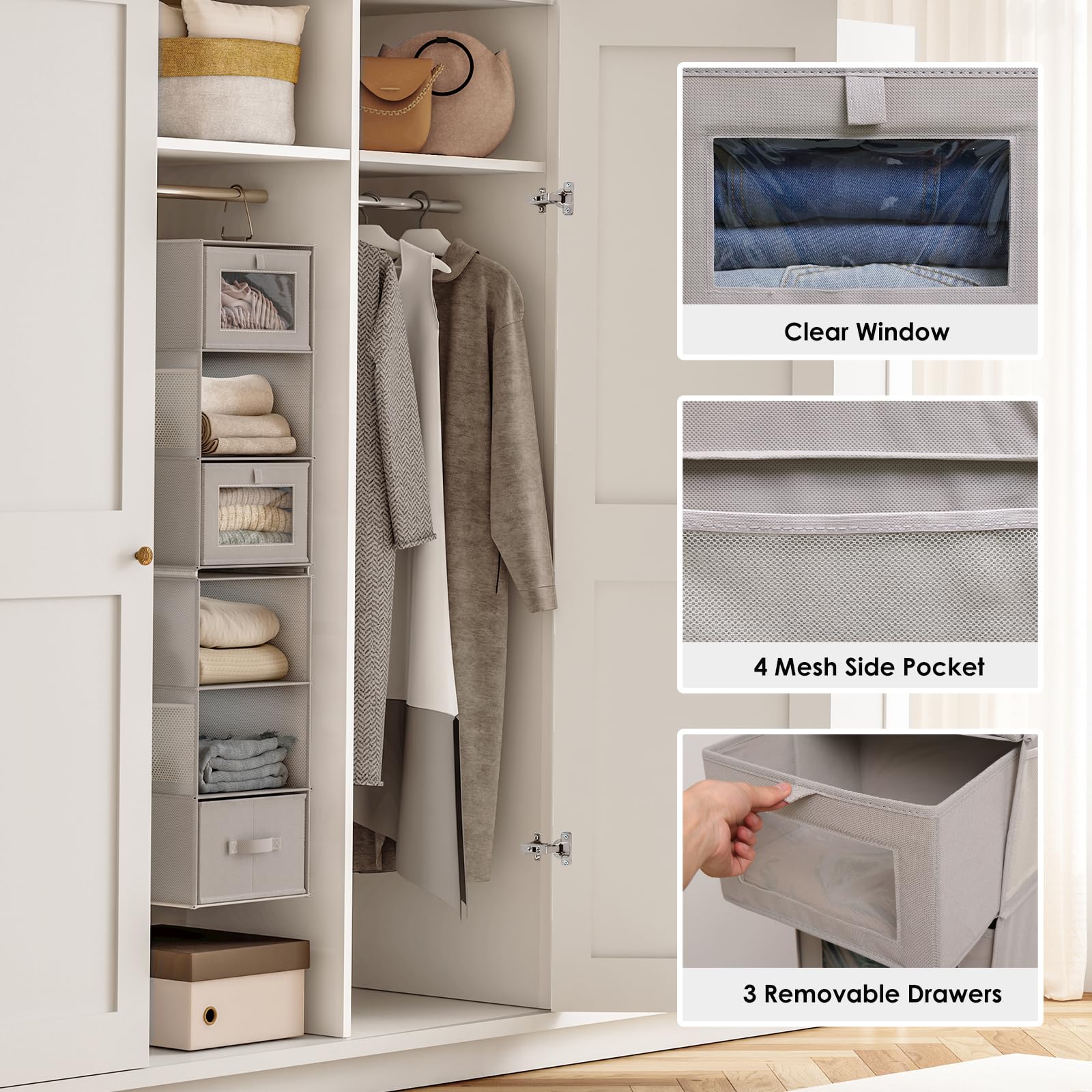 Fixwal 6-Tier Hanging Closet Organizer with 3 Drawers - Space Saving Shelves for Clothes, Shoes & Accessories - Perfect for Bedroom, Dorm & Small Space Organization (1 Pack, Gray) - Ideal for Maximizing Closet Space and Keeping Wardrobes Neat